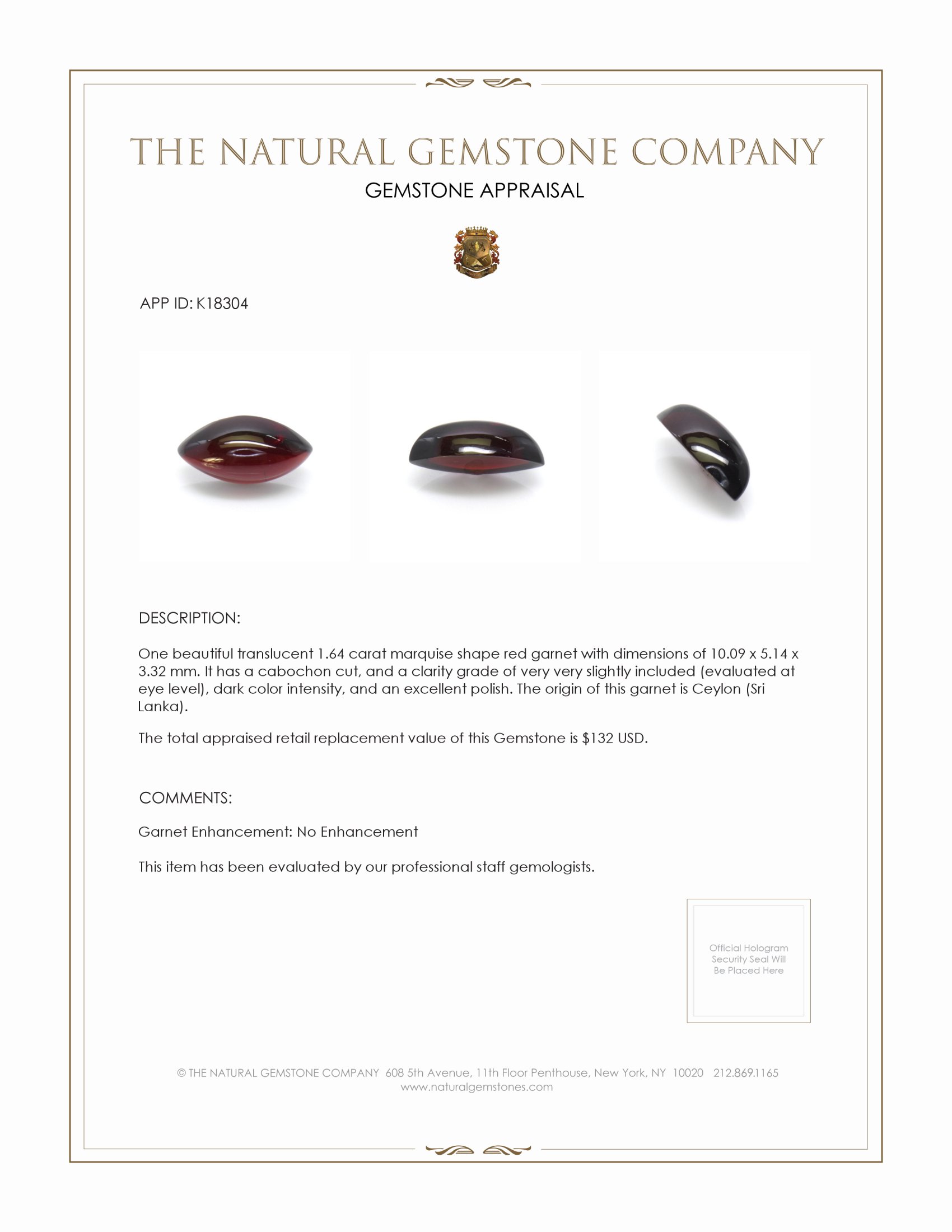 1.64 Ct. Cabochon Garnet from Ceylon (Sri Lanka)