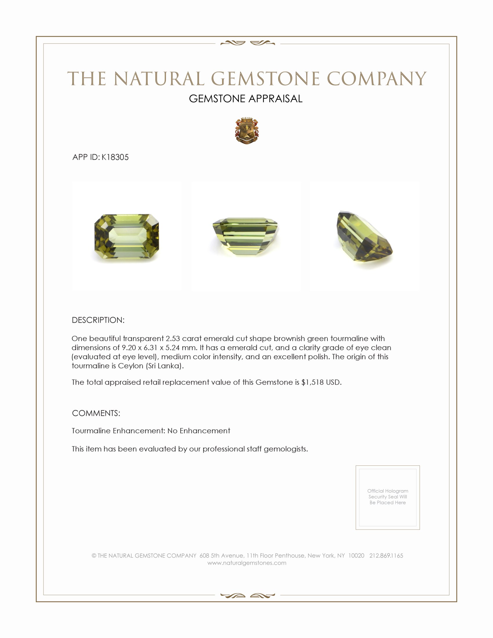 2.53 Ct. Brownish Green Tourmaline from Ceylon (Sri Lanka)