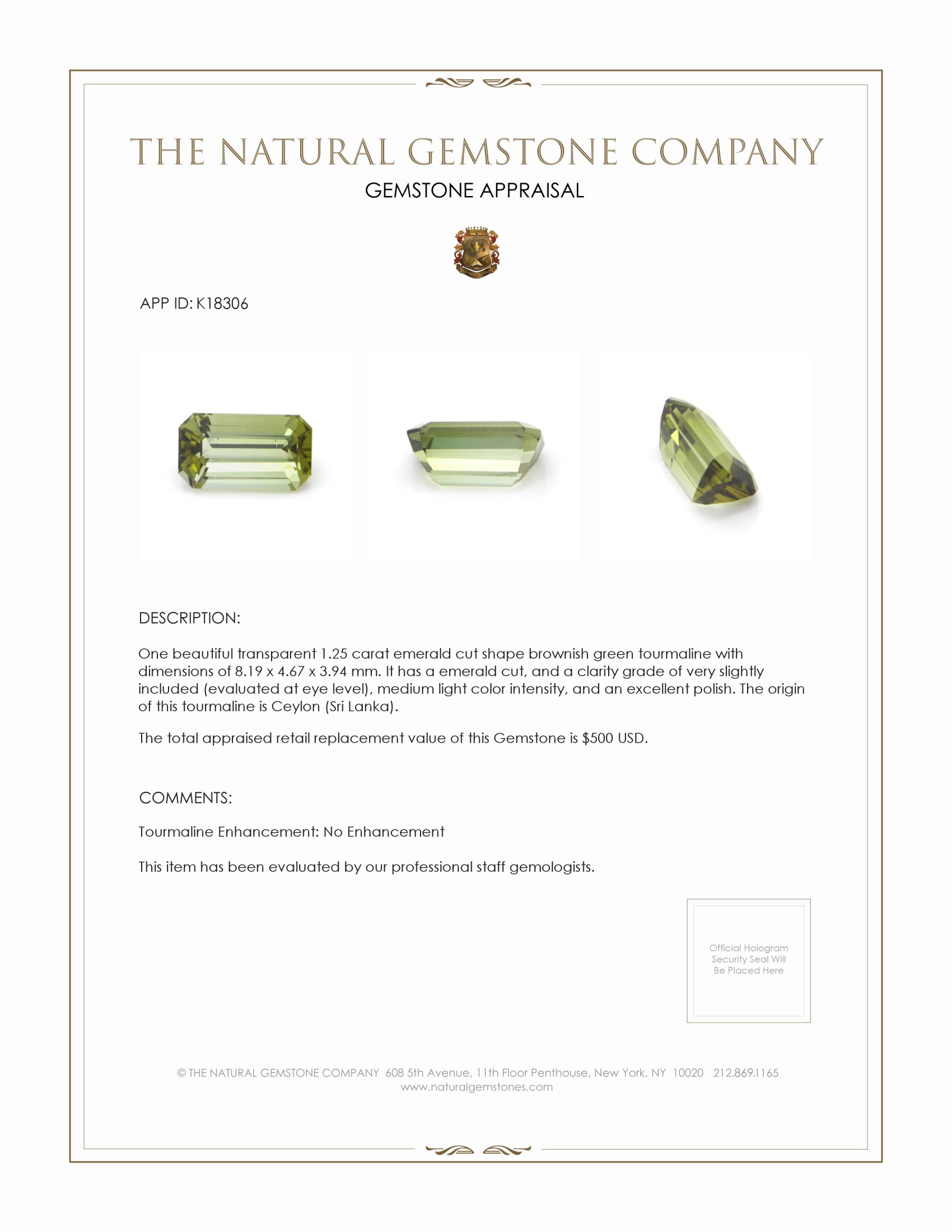 1.25 Ct. Brownish Green Tourmaline from Ceylon (Sri Lanka)