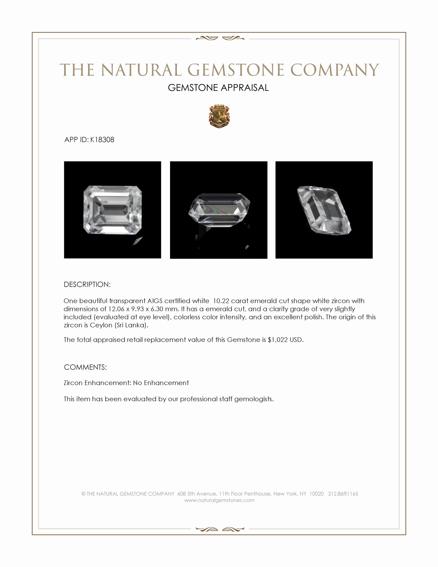 10.22 Ct. White Zircon from Ceylon (Sri Lanka)