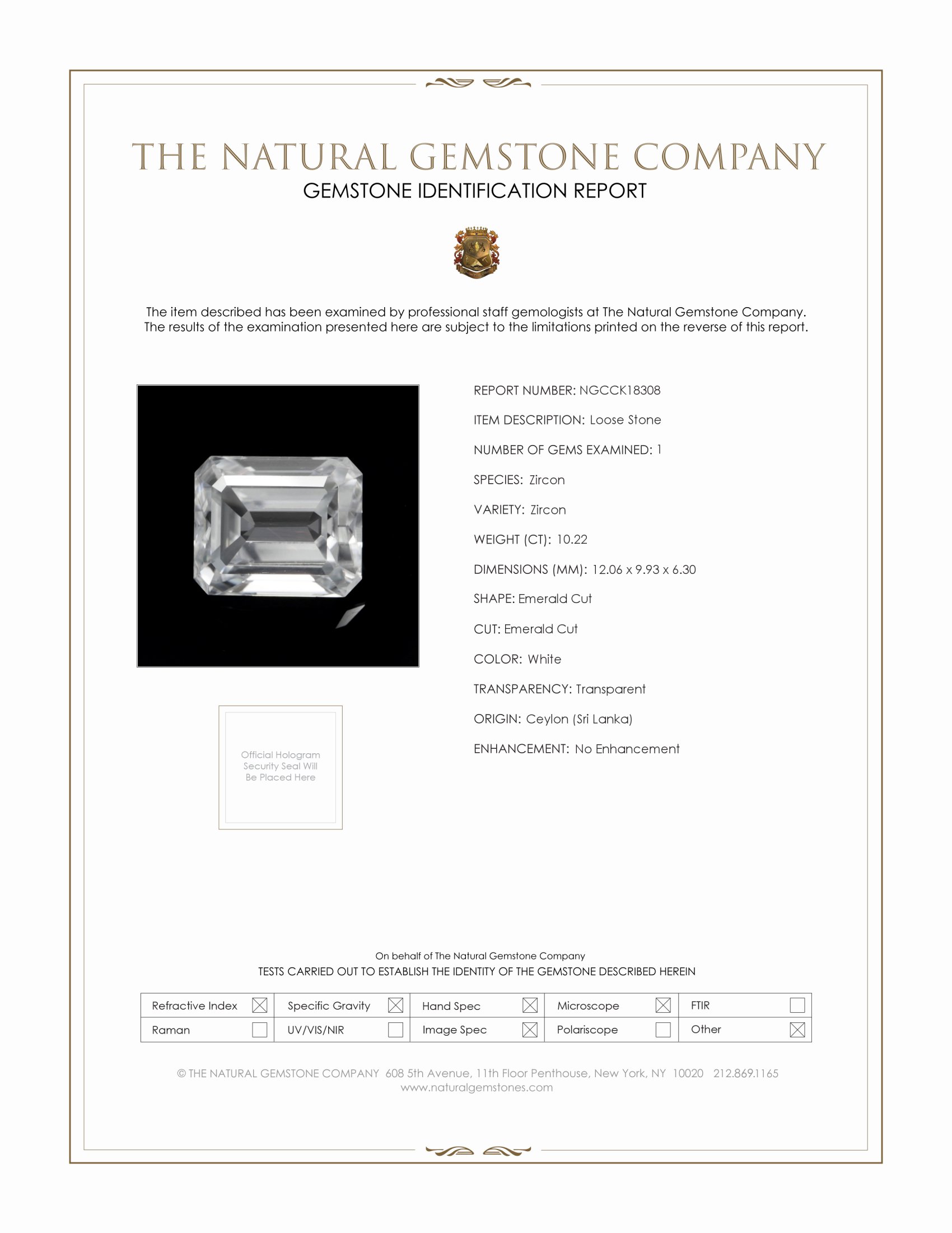 10.22 Ct. White Zircon from Ceylon (Sri Lanka)