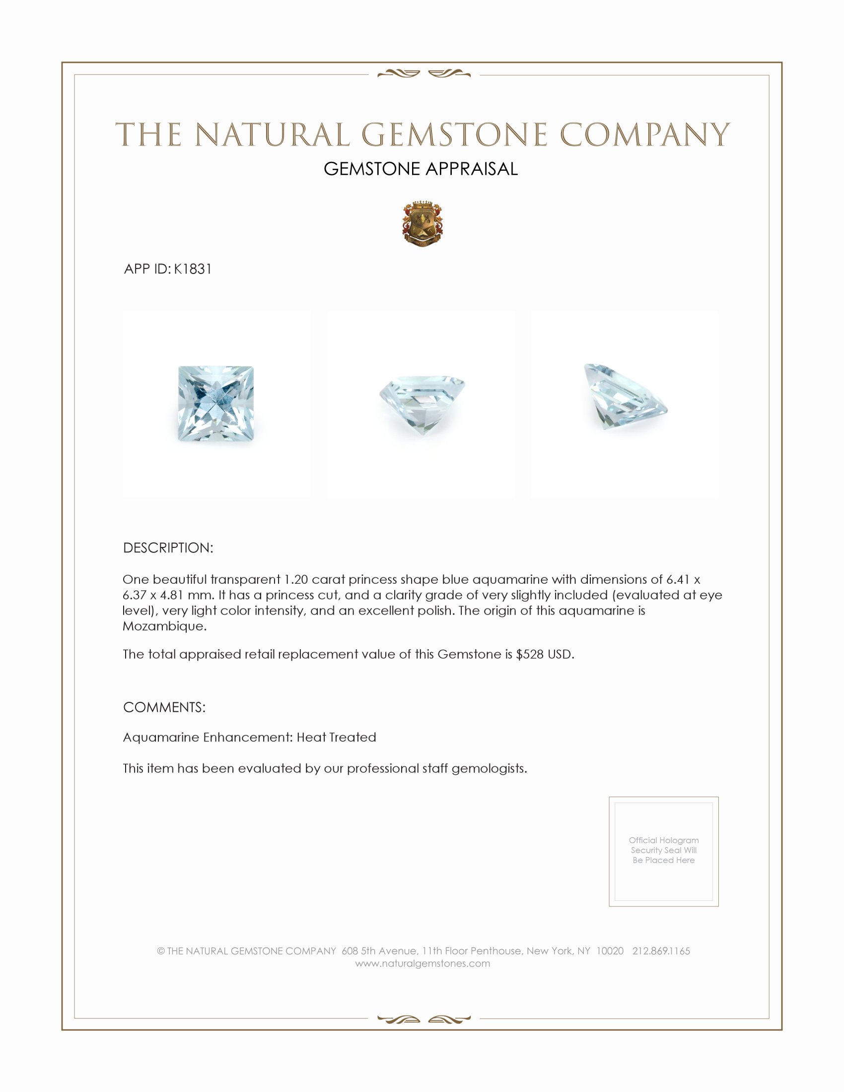 1.20 Ct. Aquamarine from Mozambique