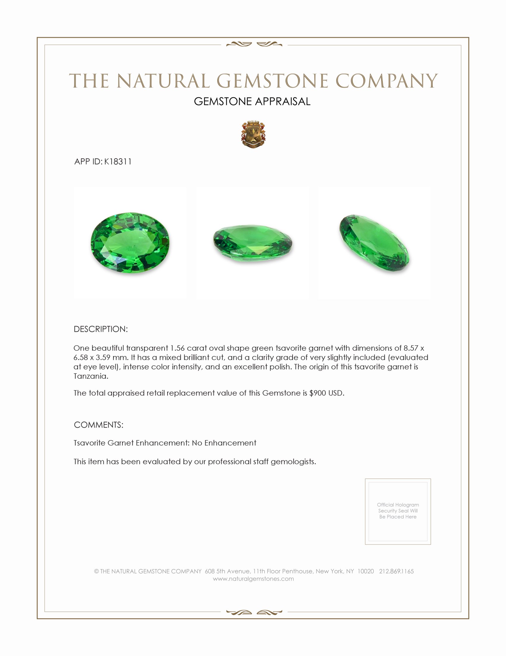 1.56 Ct. Tsavorite Garnet from Tanzania
