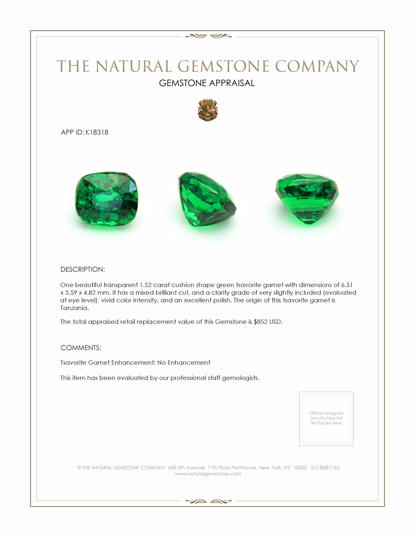 1.52 Ct. Tsavorite Garnet from Tanzania