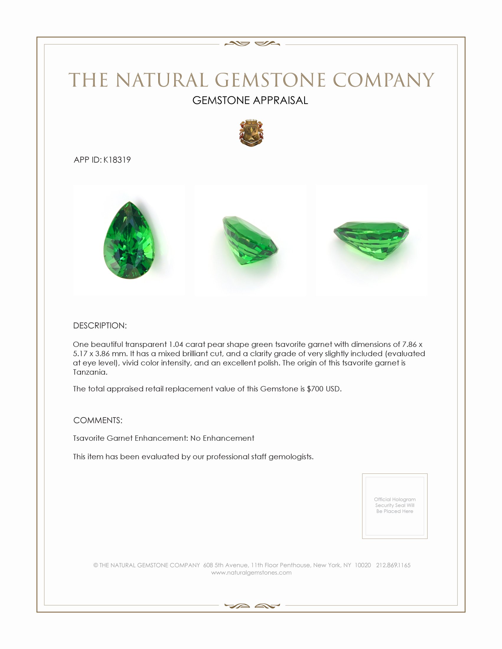 1.04 Ct. Tsavorite Garnet from Tanzania