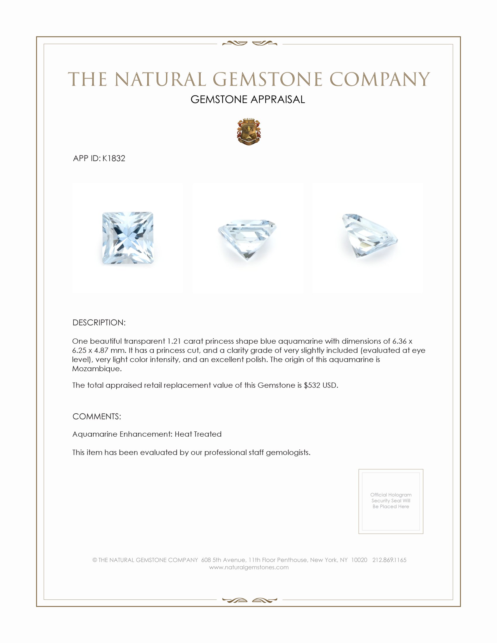 1.21 Ct. Aquamarine from Mozambique