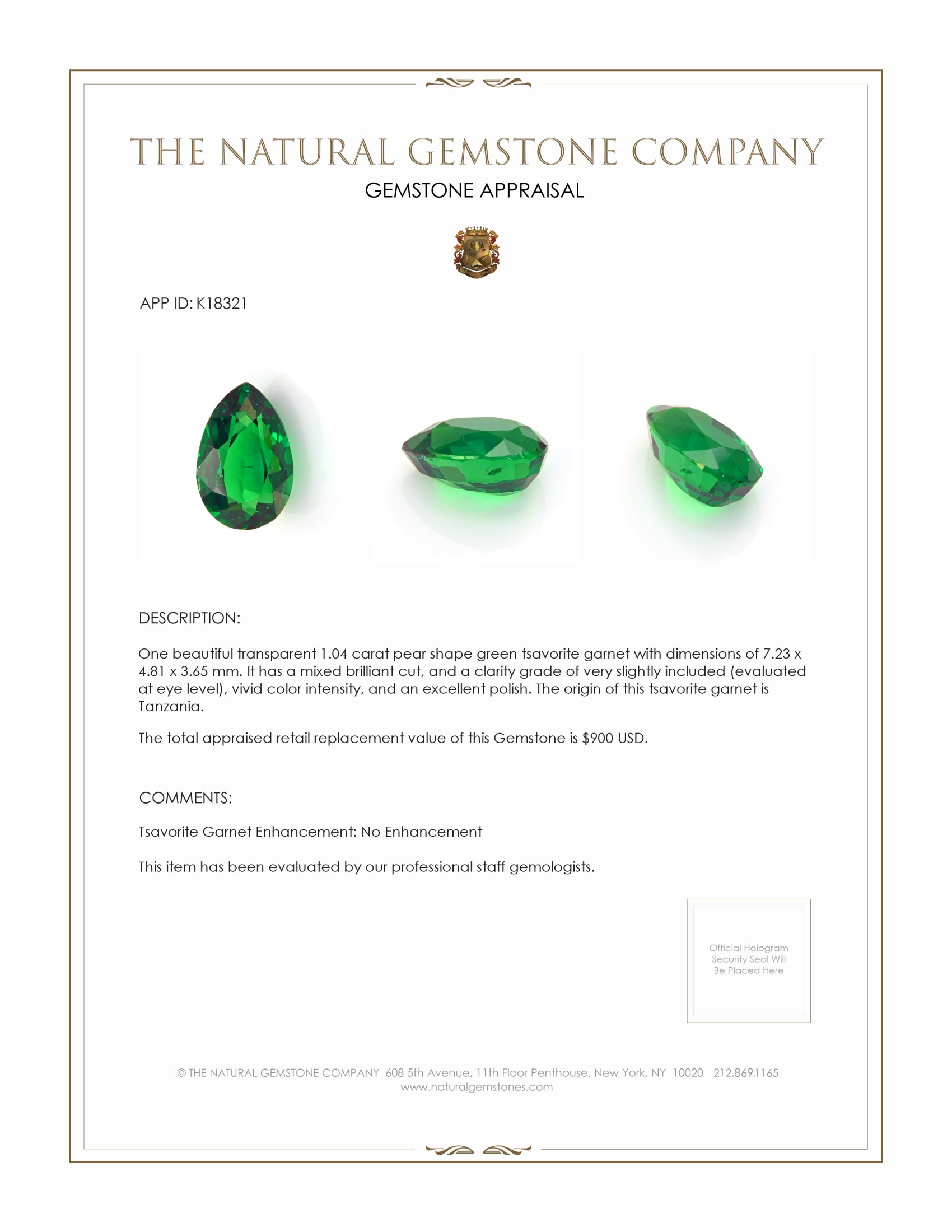 1.04 Ct. Tsavorite Garnet from Tanzania