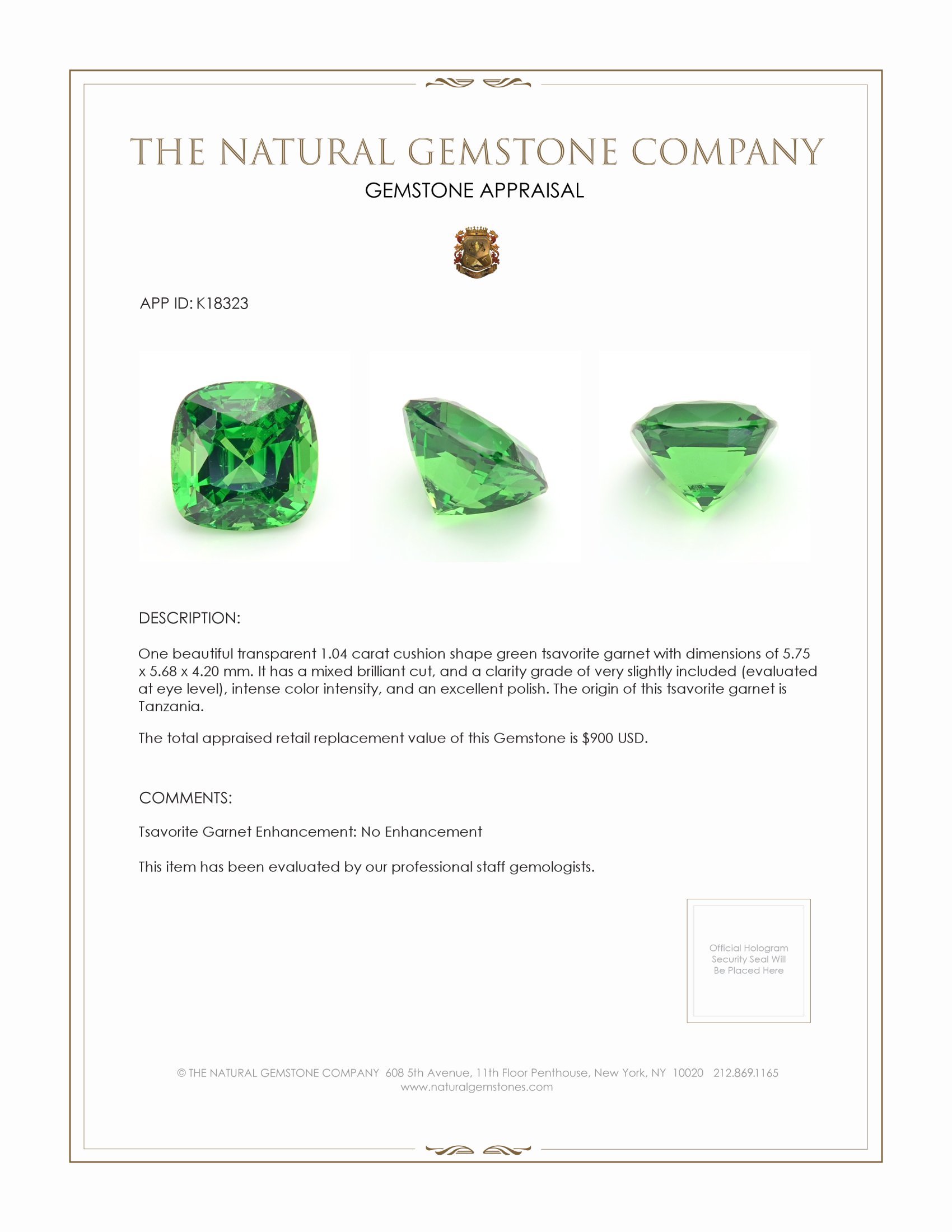 1.04 Ct. Tsavorite Garnet from Tanzania