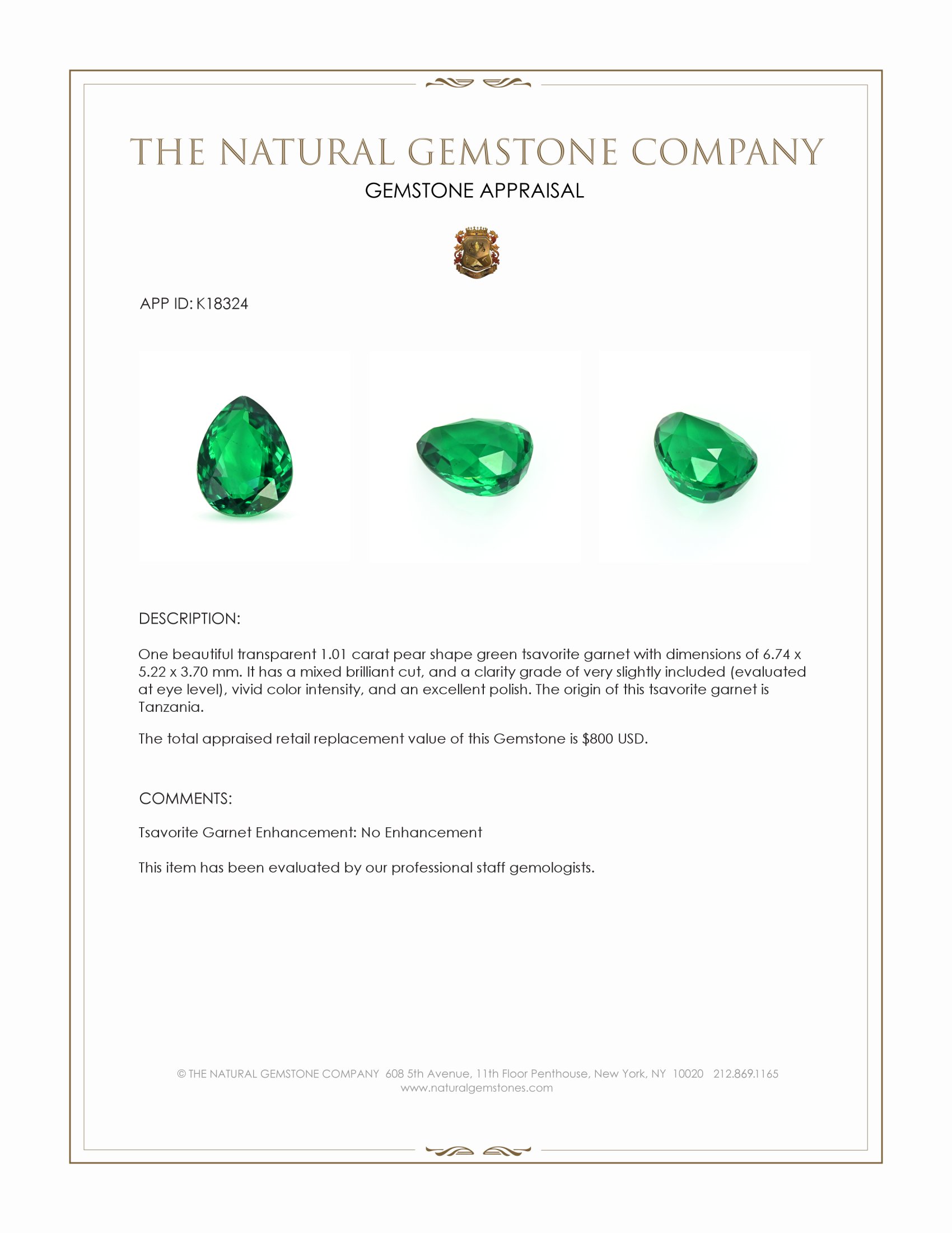 1.01 Ct. Tsavorite Garnet from Tanzania