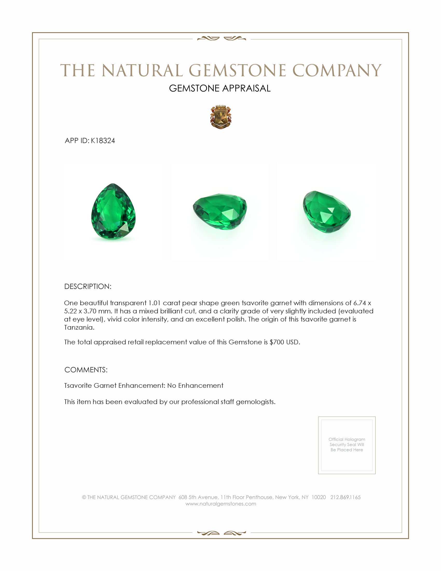 1.01 Ct. Tsavorite Garnet from Tanzania