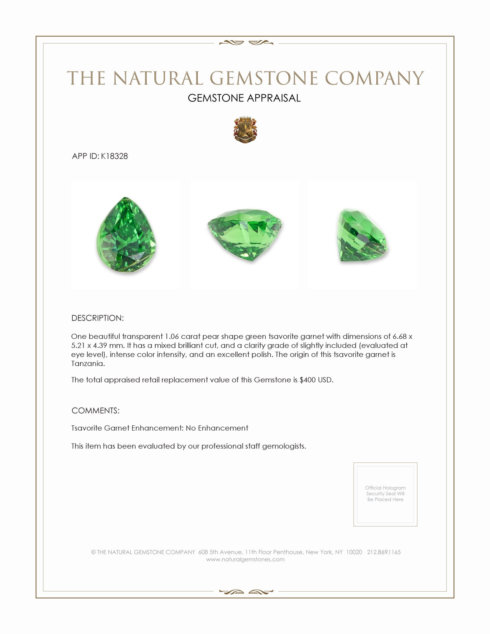 1.06 Ct. Tsavorite Garnet from Tanzania