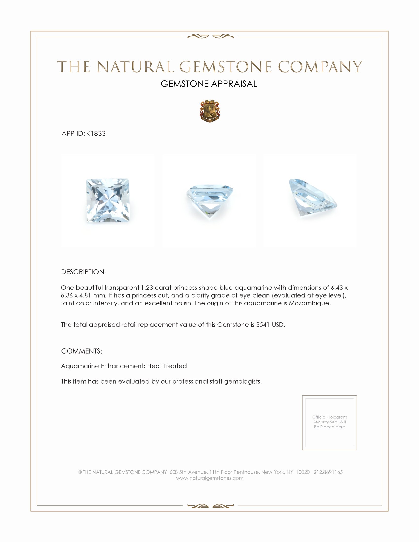 1.23 Ct. Aquamarine from Mozambique