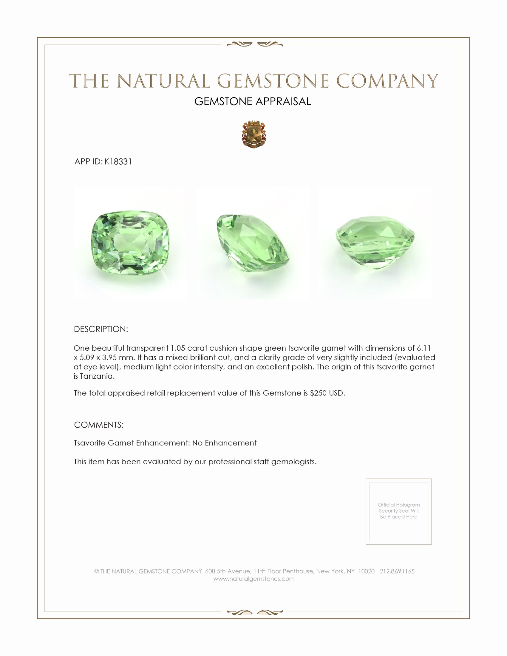 1.05 Ct. Tsavorite Garnet from Tanzania