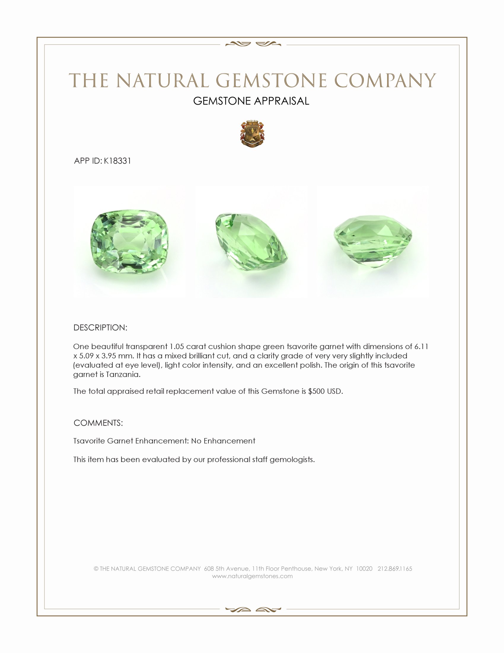 1.05 Ct. Tsavorite Garnet from Tanzania