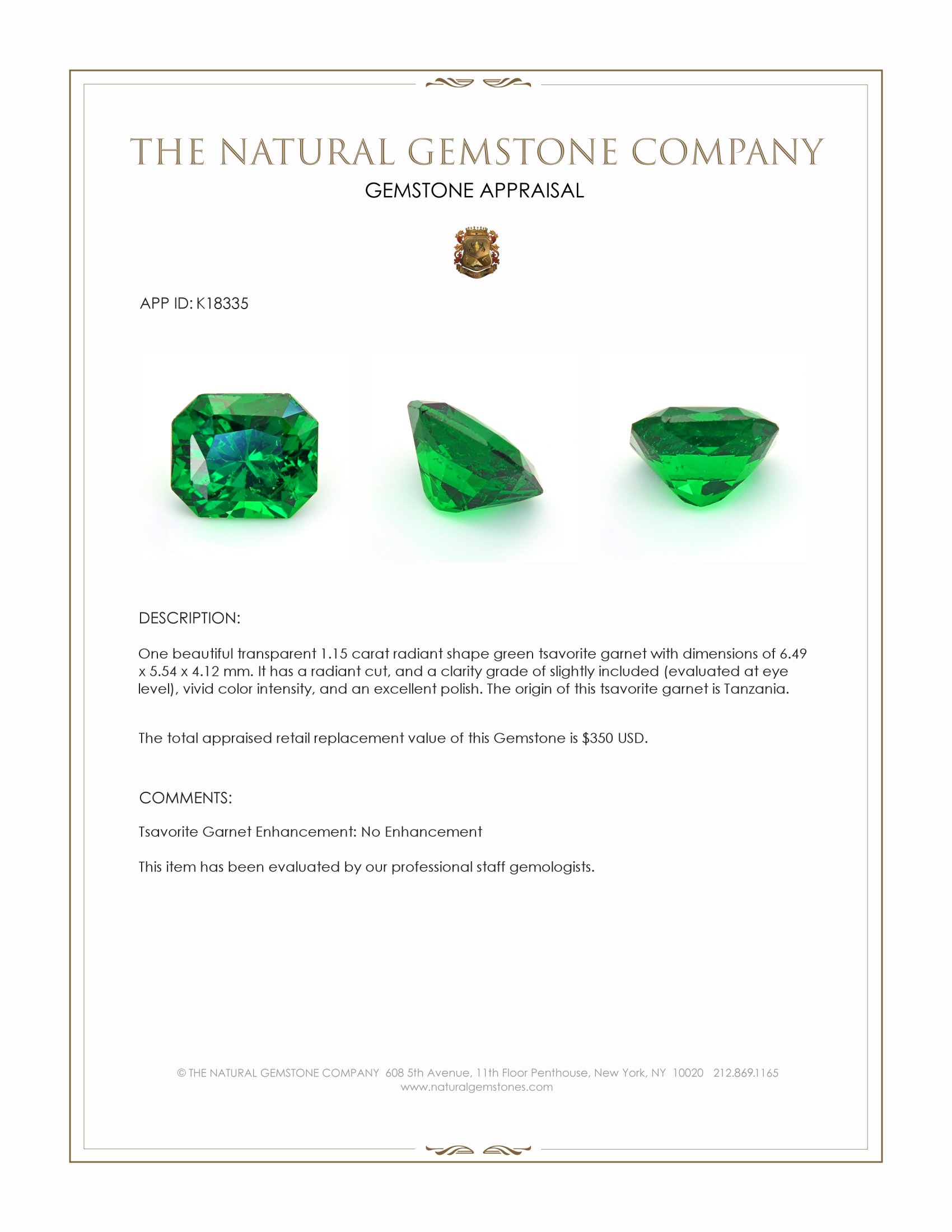 1.15 Ct. Tsavorite Garnet from Tanzania