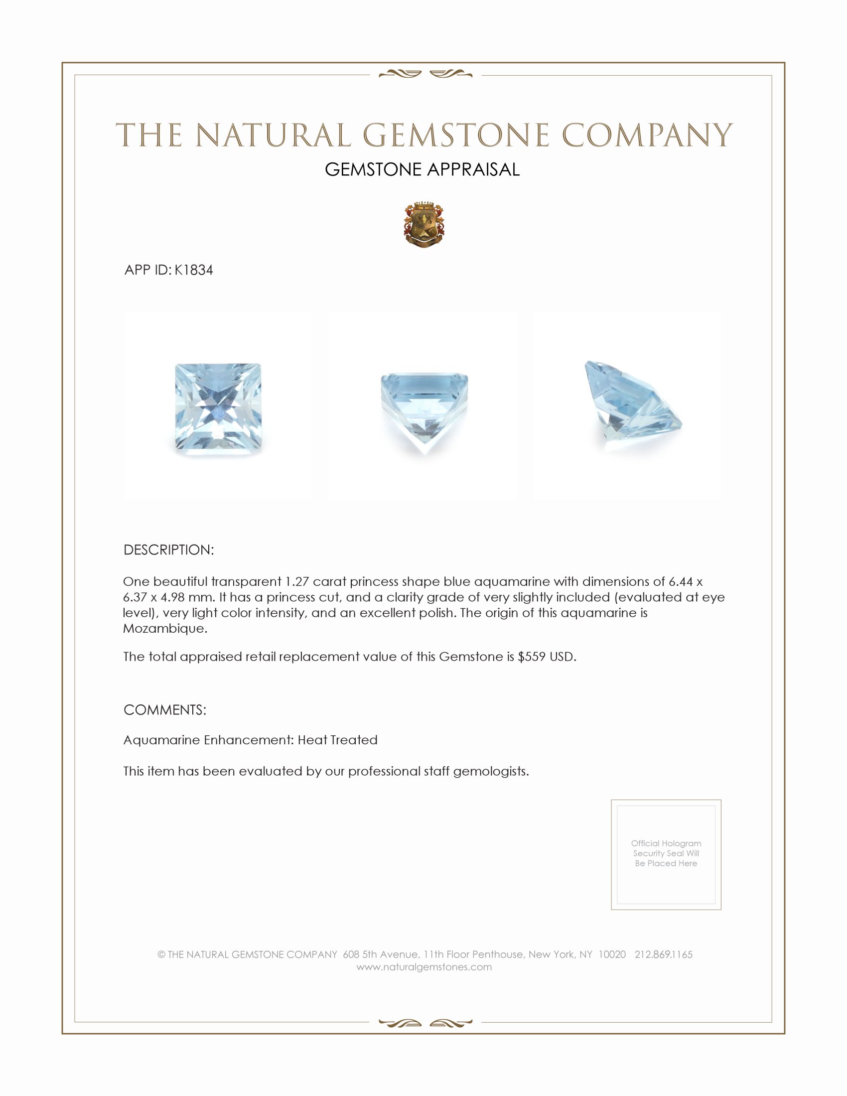 1.27 Ct. Aquamarine from Mozambique
