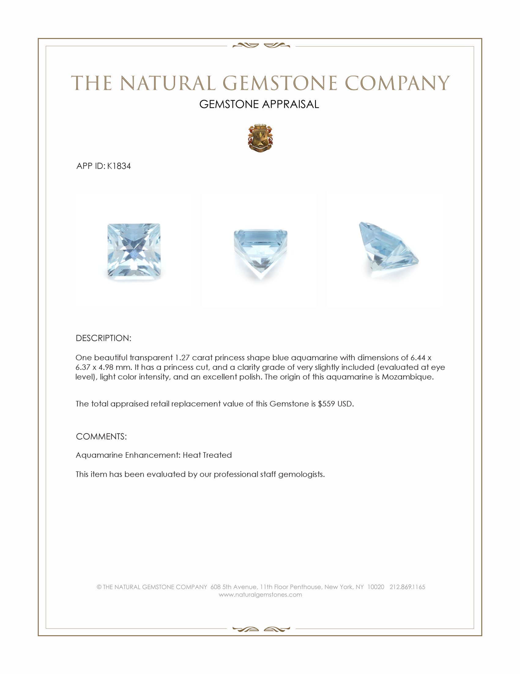 1.27 Ct. Blue Aquamarine from Mozambique