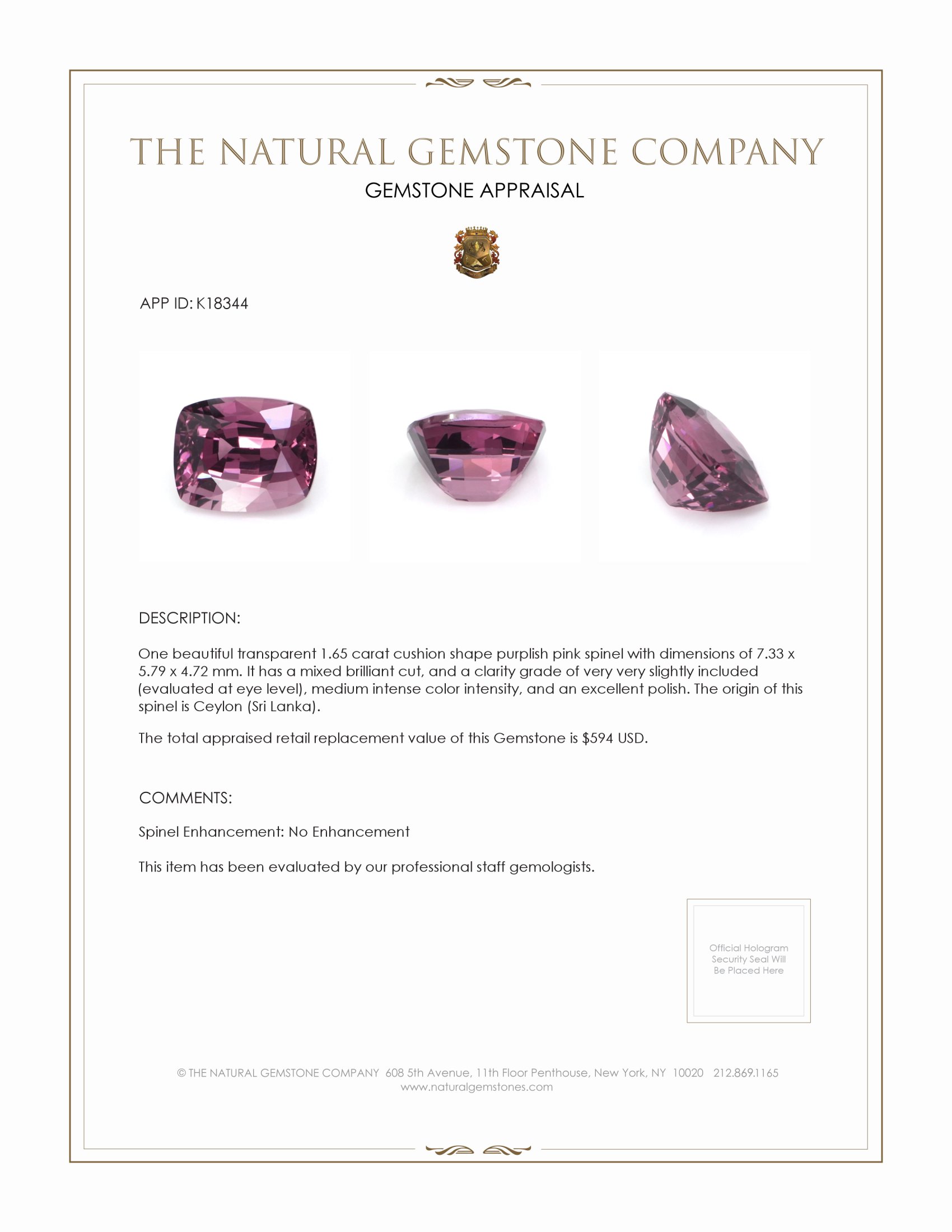 1.65 Ct. Spinel from Ceylon (Sri Lanka)