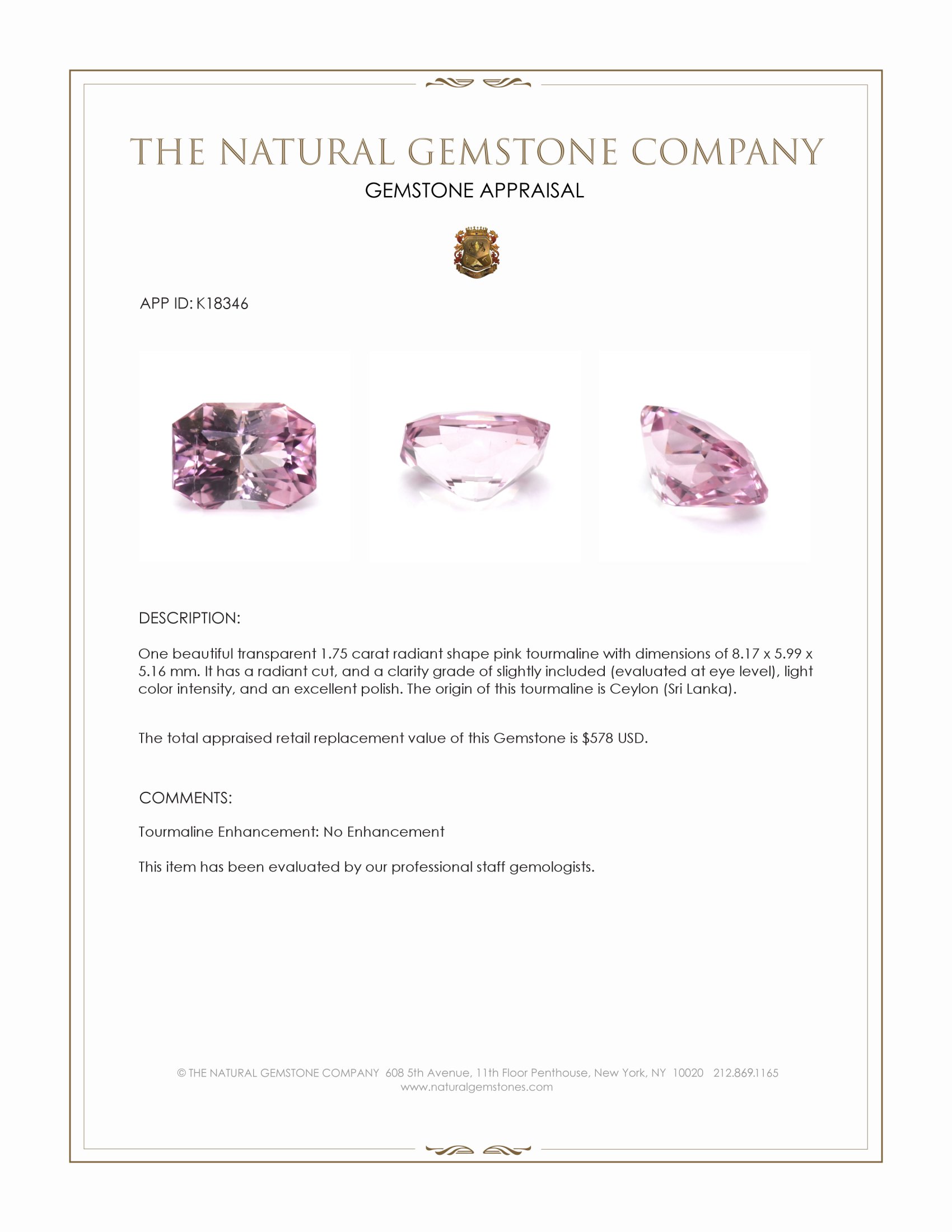 1.75 Ct. Pink Tourmaline from Ceylon (Sri Lanka)