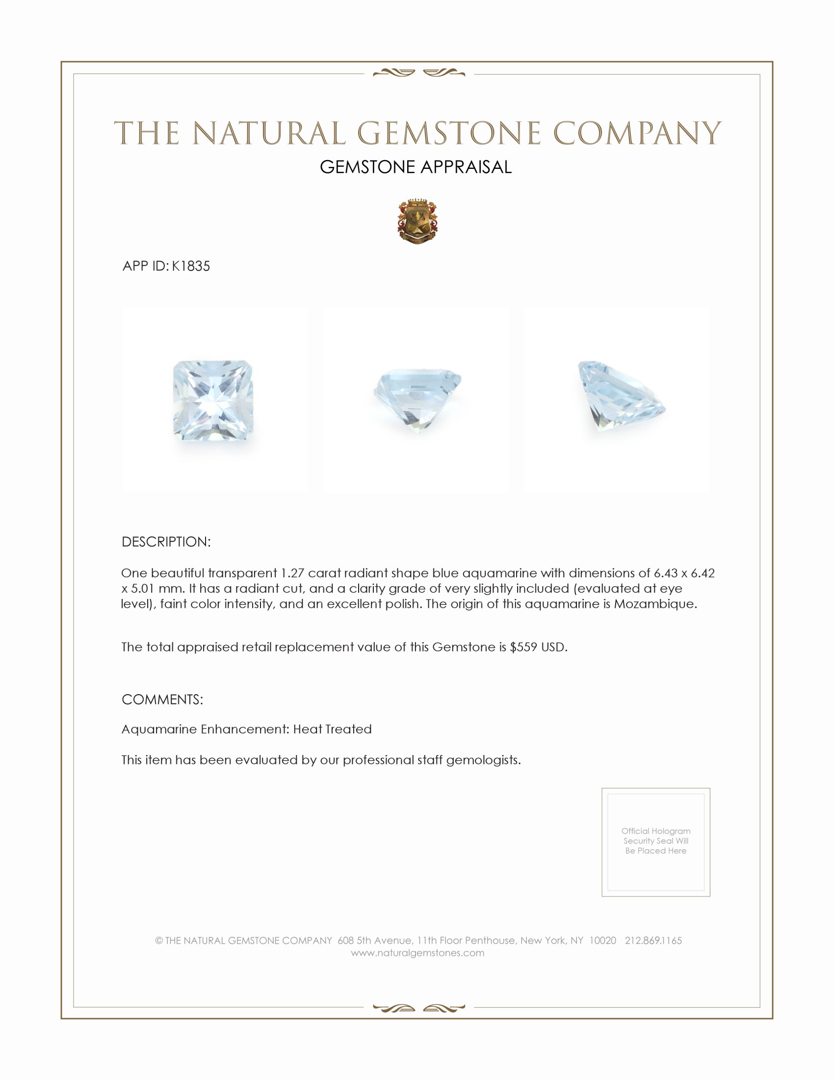 1.27 Ct. Aquamarine from Mozambique