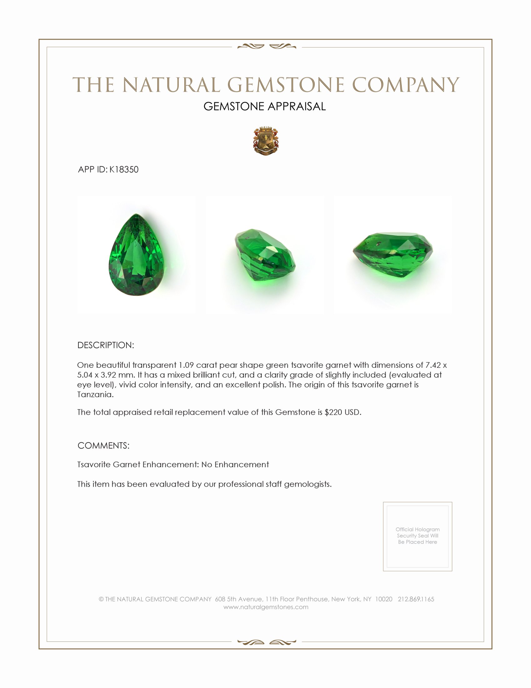 1.09 Ct. Tsavorite Garnet from Tanzania