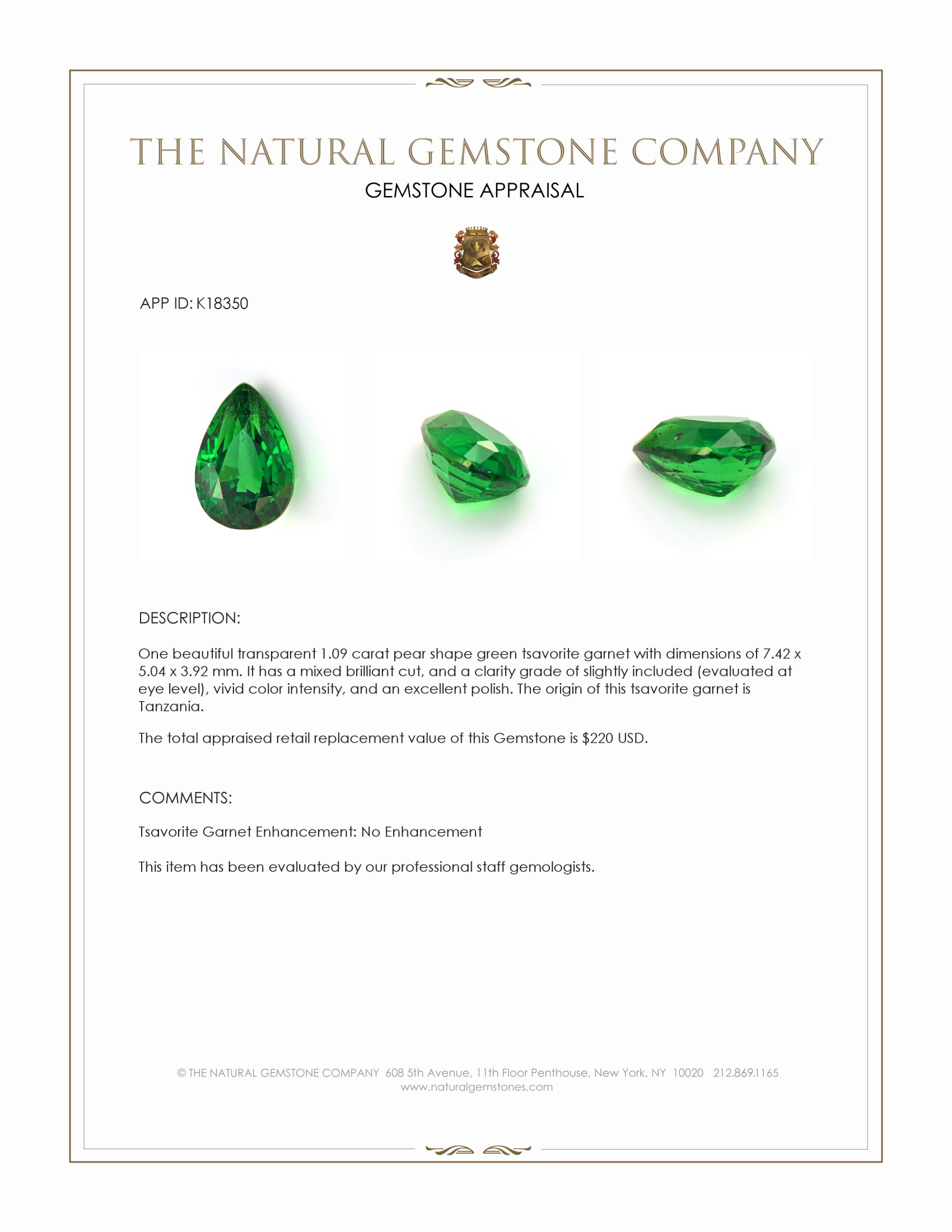 1.09 Ct. Tsavorite Garnet from Tanzania