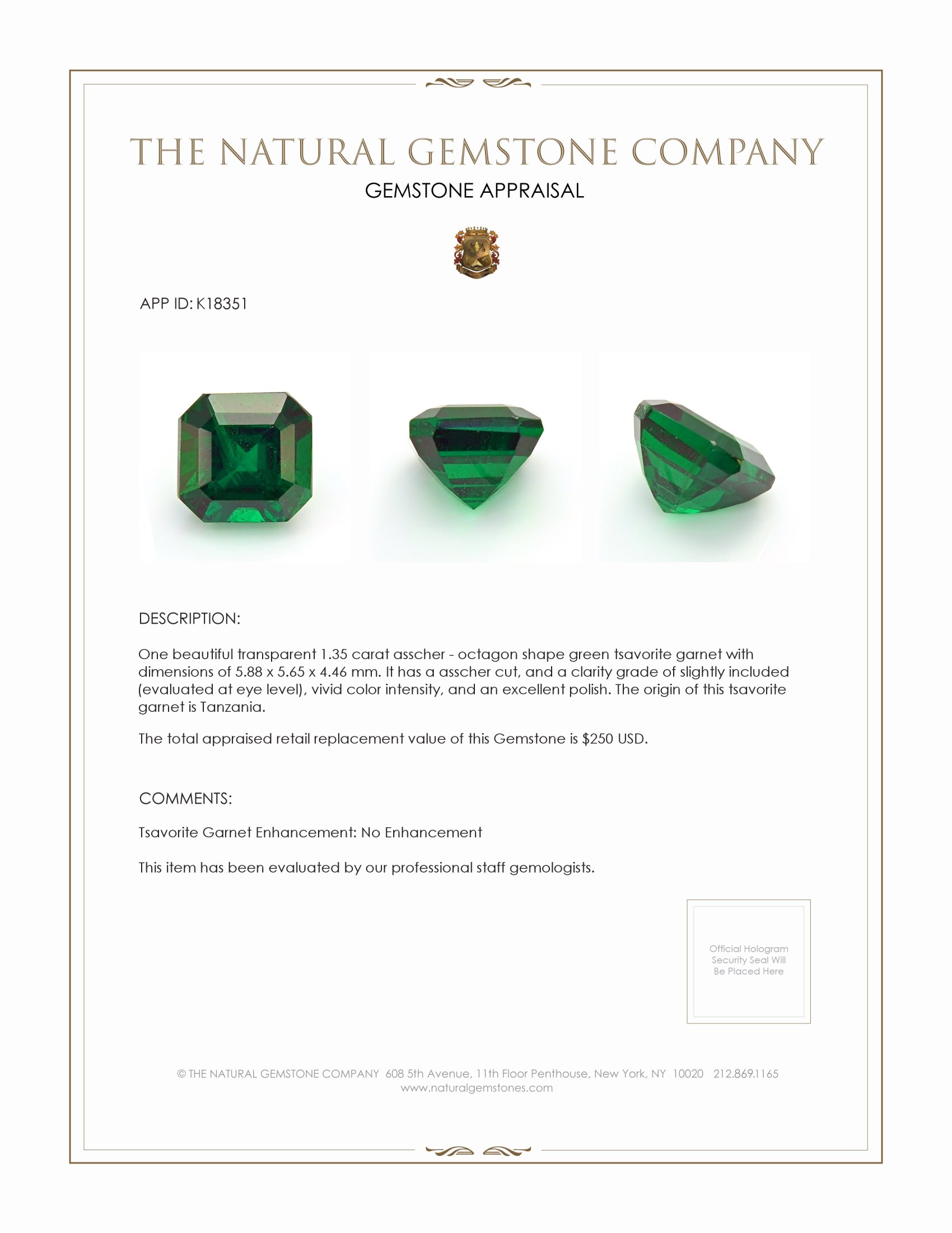 1.35 Ct. Tsavorite Garnet from Tanzania