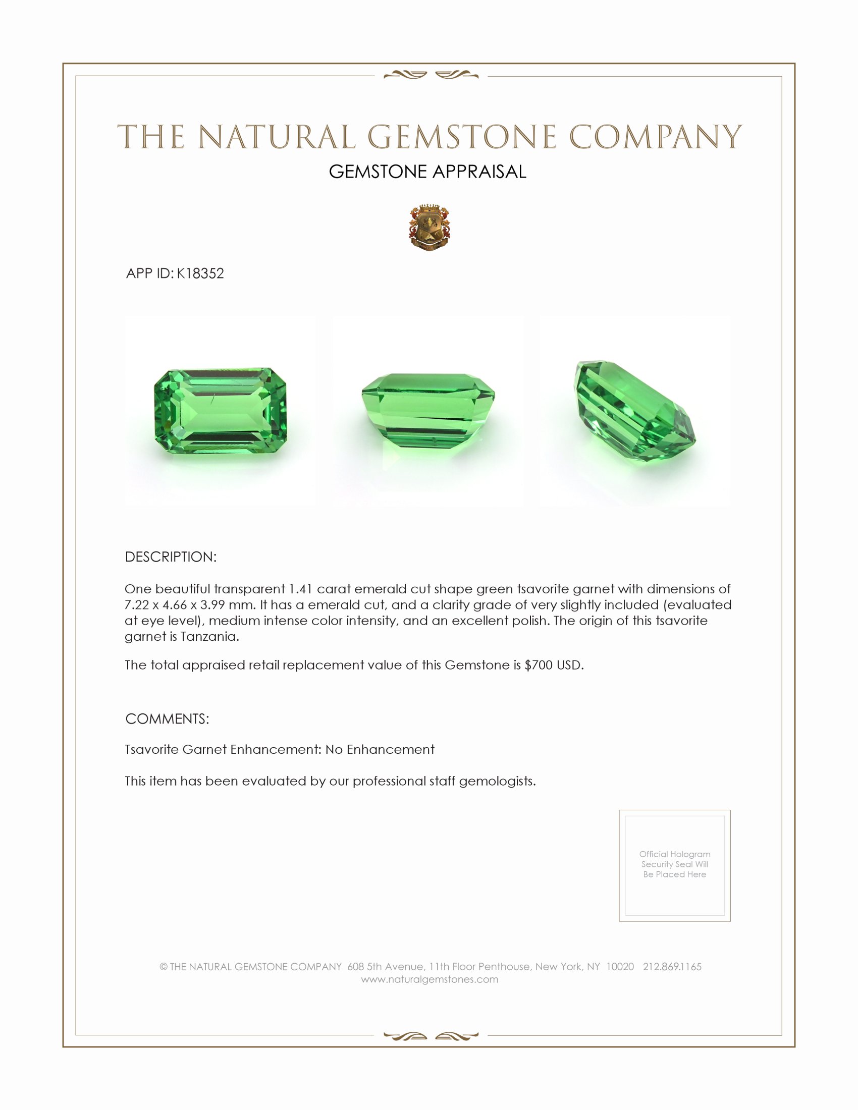 1.41 Ct. Tsavorite Garnet from Tanzania