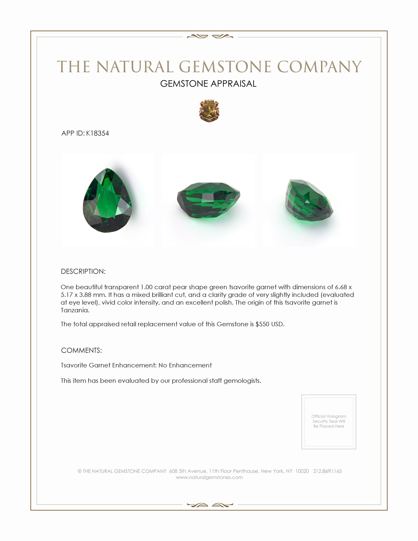 1.00 Ct. Tsavorite Garnet from Tanzania