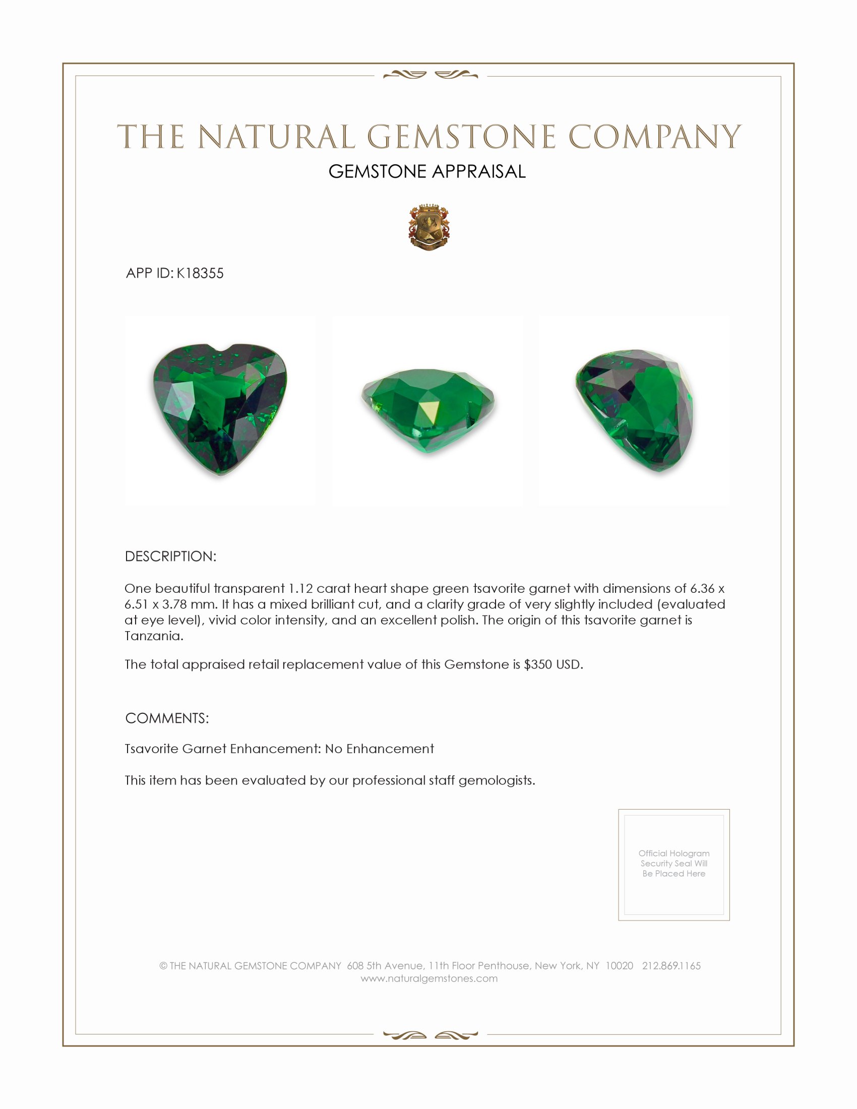 1.12 Ct. Tsavorite Garnet from Tanzania