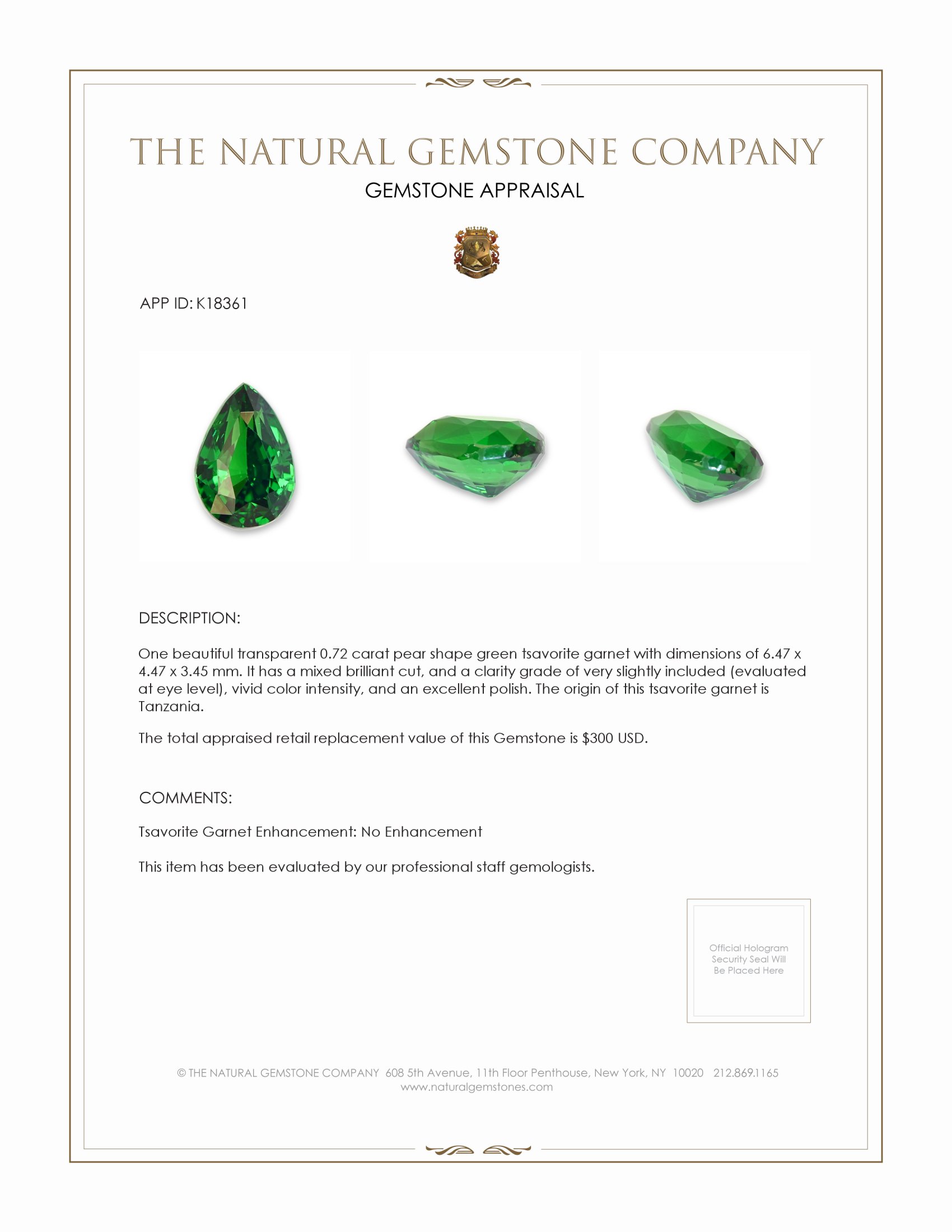 0.72 Ct. Tsavorite Garnet from Tanzania