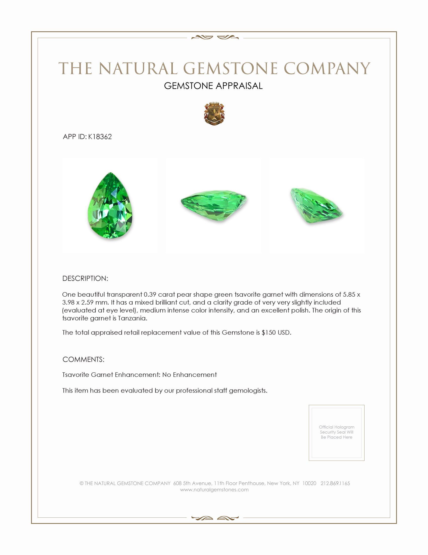 0.39 Ct. Tsavorite Garnet from Tanzania