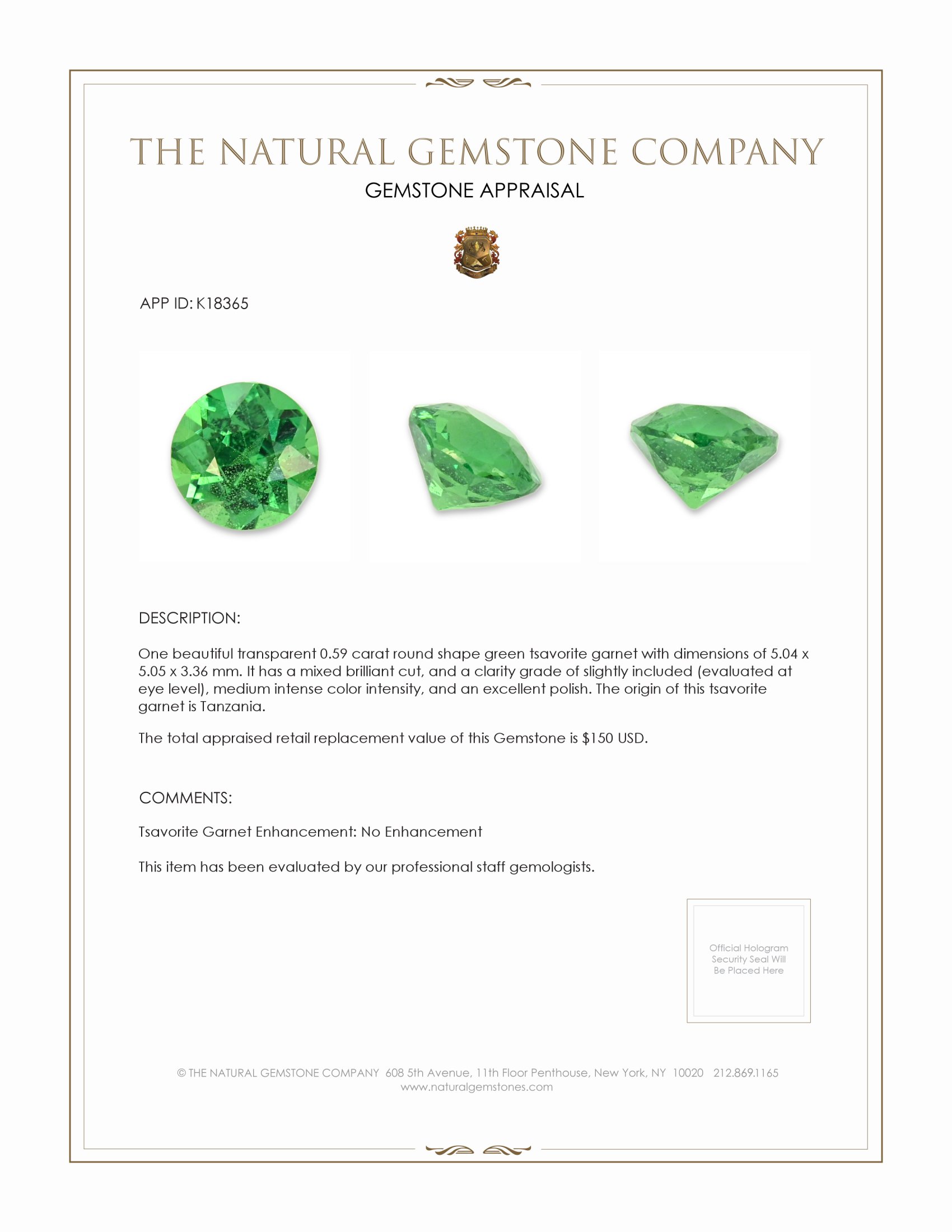 0.59 Ct. Tsavorite Garnet from Tanzania