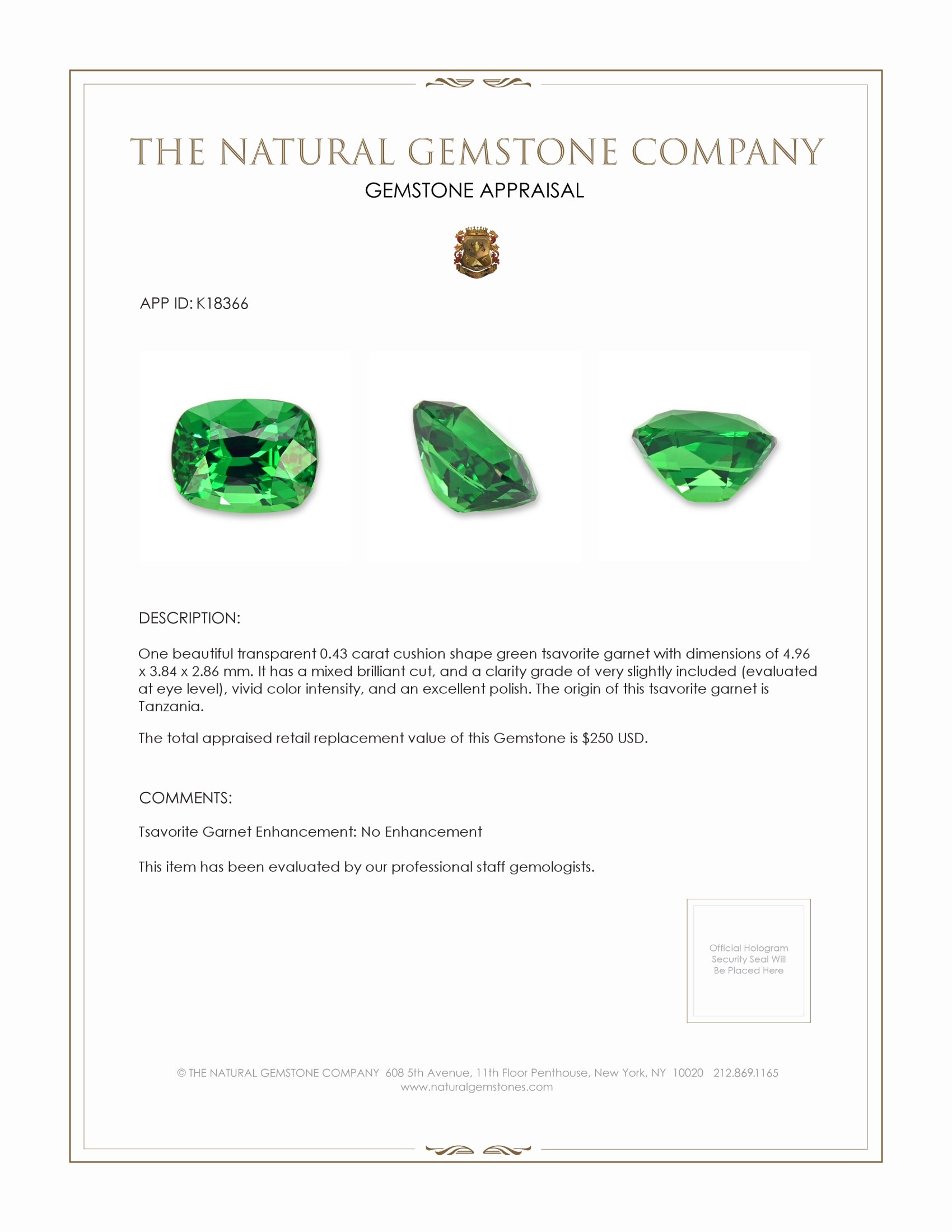 0.43 Ct. Tsavorite Garnet from Tanzania