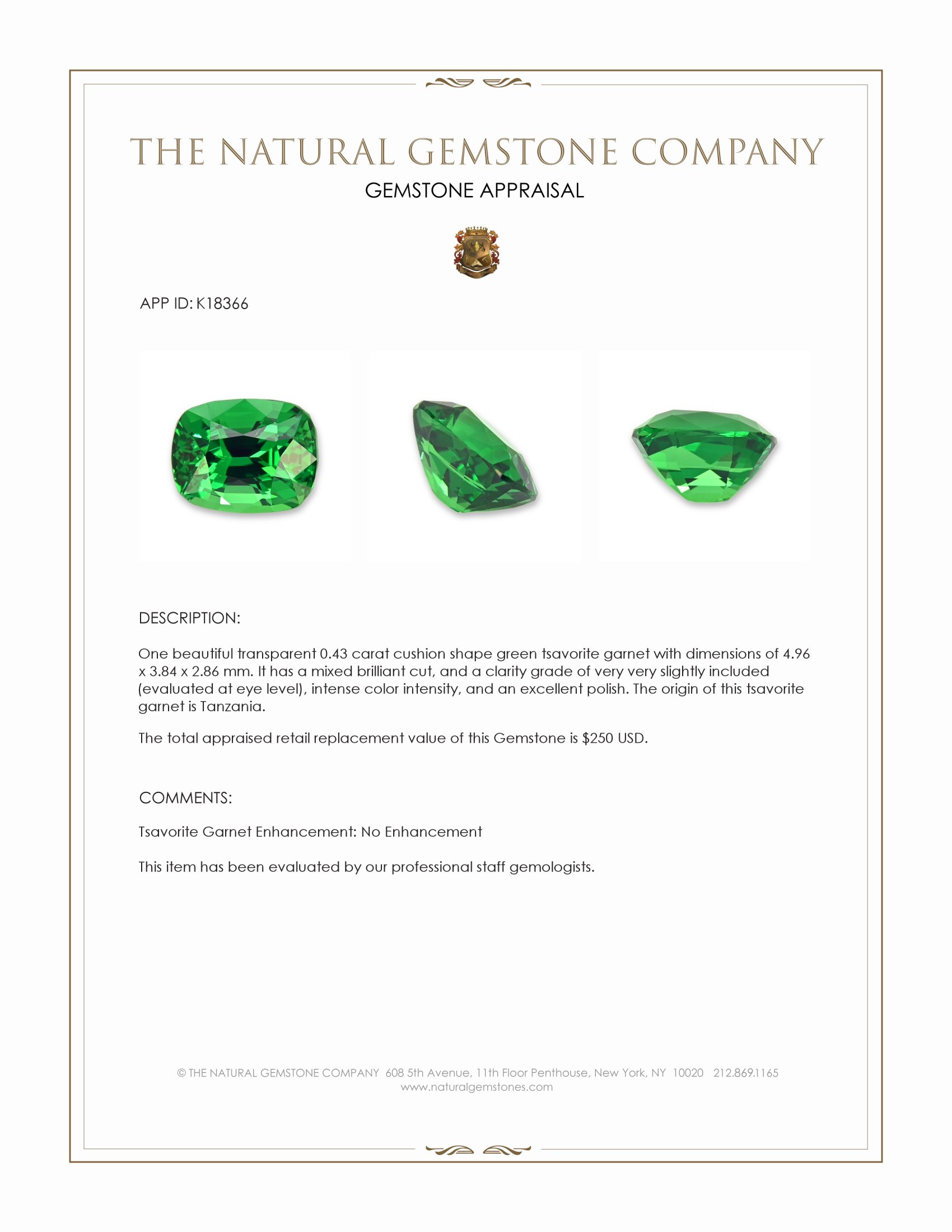0.43 Ct. Tsavorite Garnet from Tanzania
