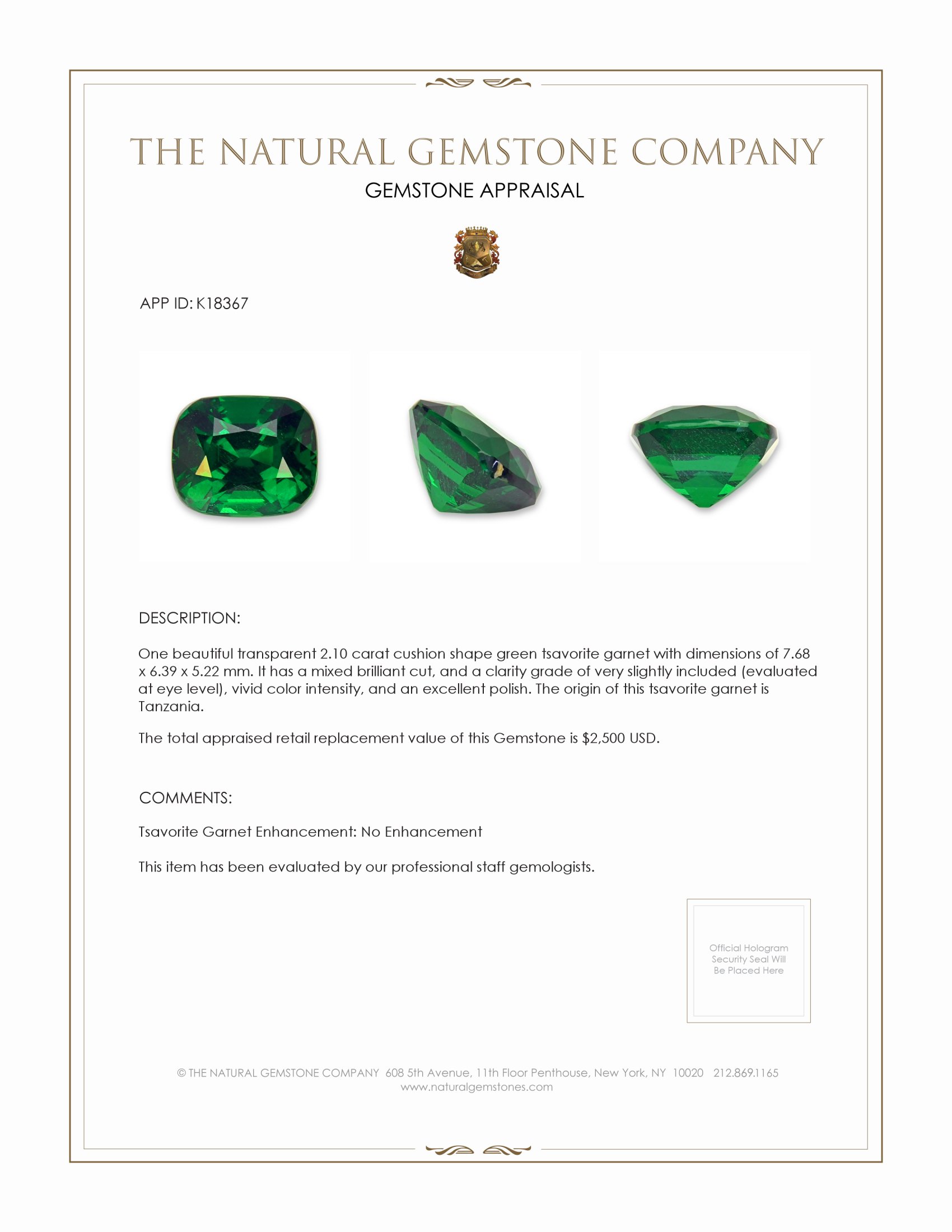 2.10 Ct. Tsavorite Garnet from Tanzania