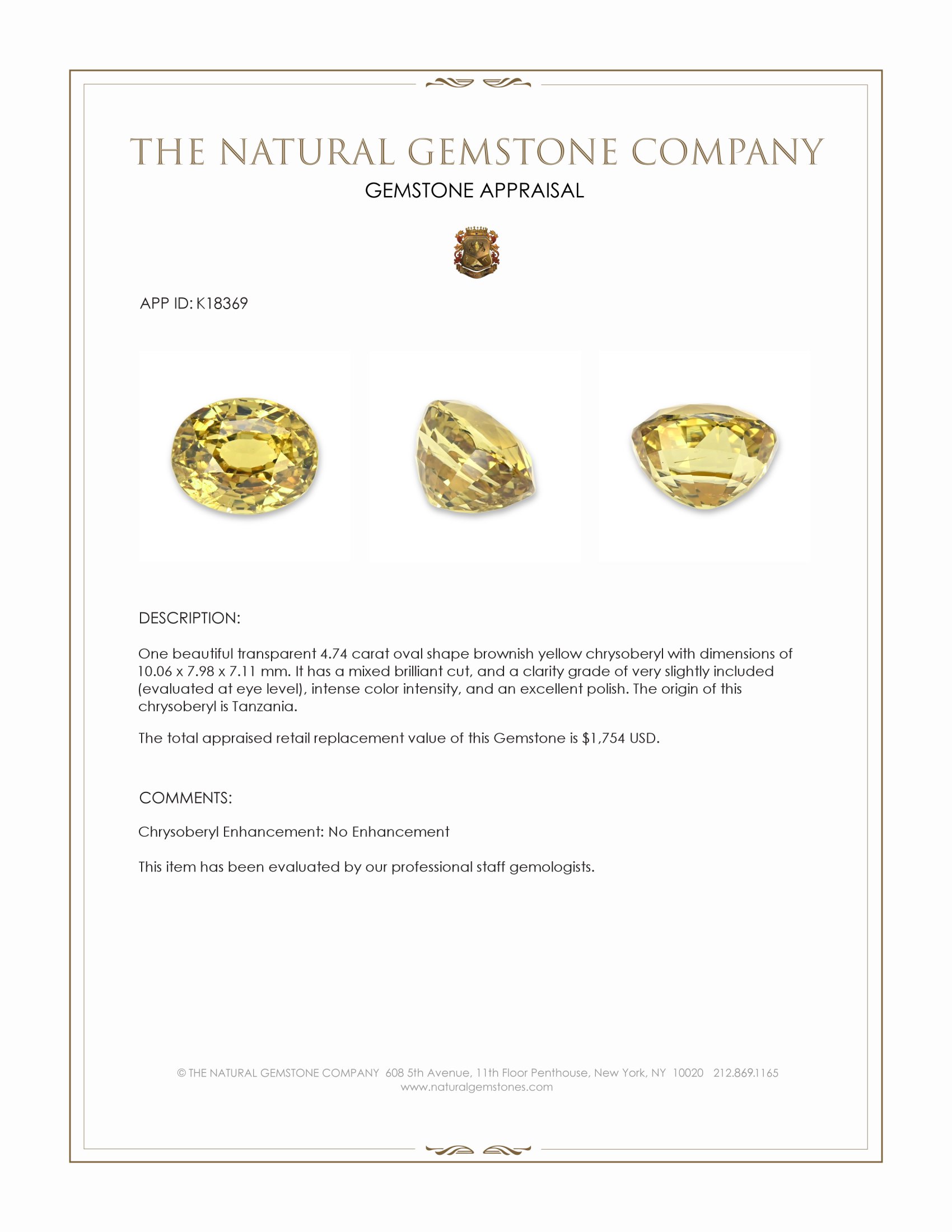 4.74 Ct. Brownish Yellow Chrysoberyl from Tanzania