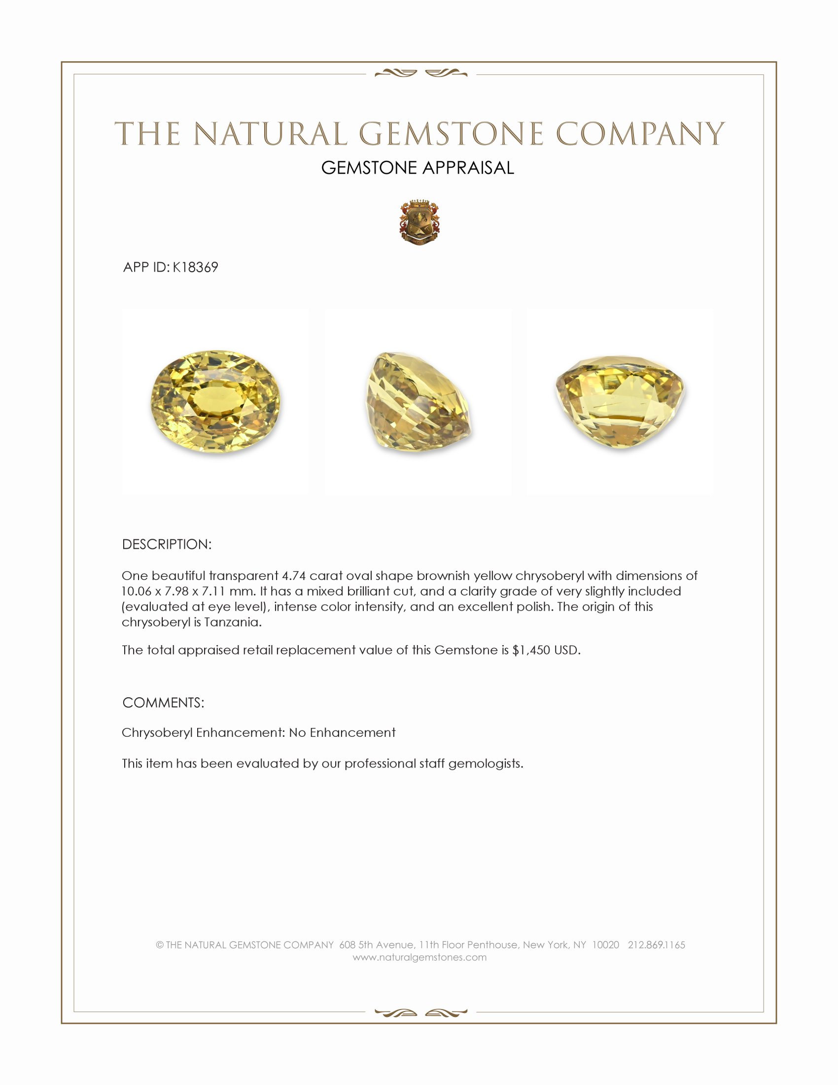 4.74 Ct. Brownish Yellow Chrysoberyl from Tanzania