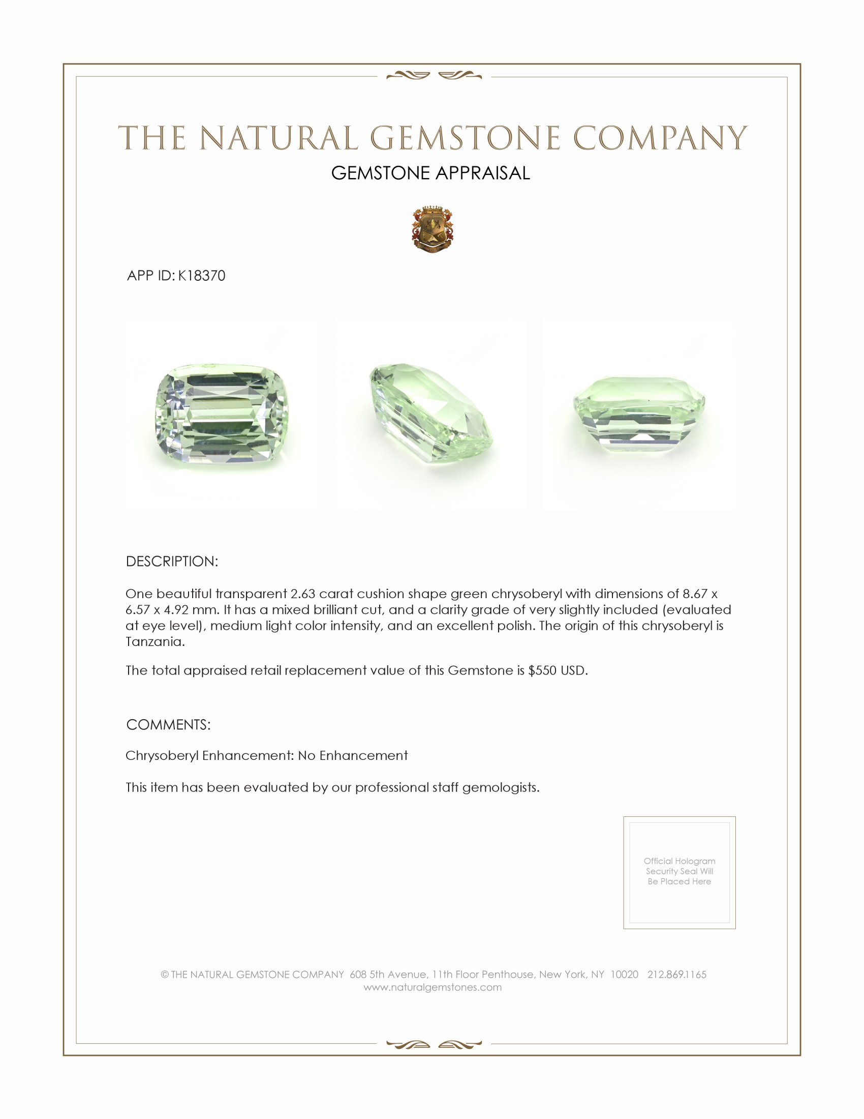 2.63 Ct. Green Chrysoberyl from Tanzania