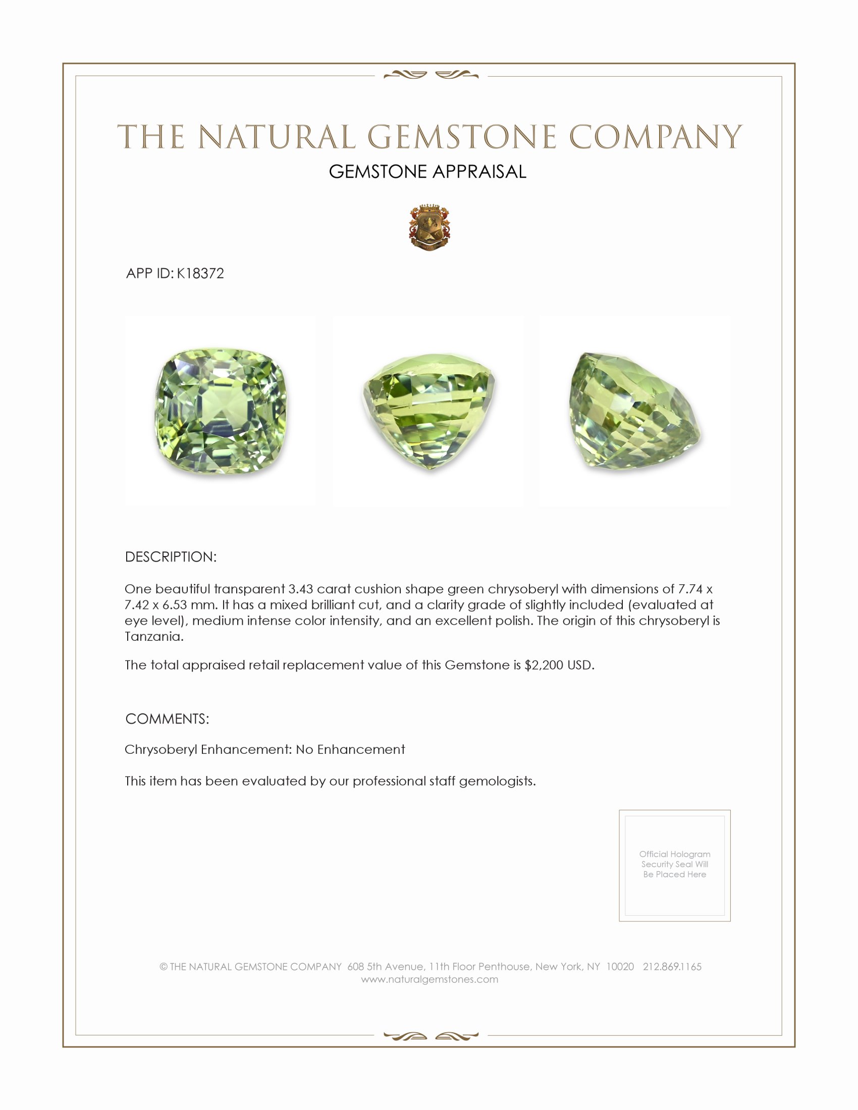 3.43 Ct. Green Chrysoberyl from Tanzania