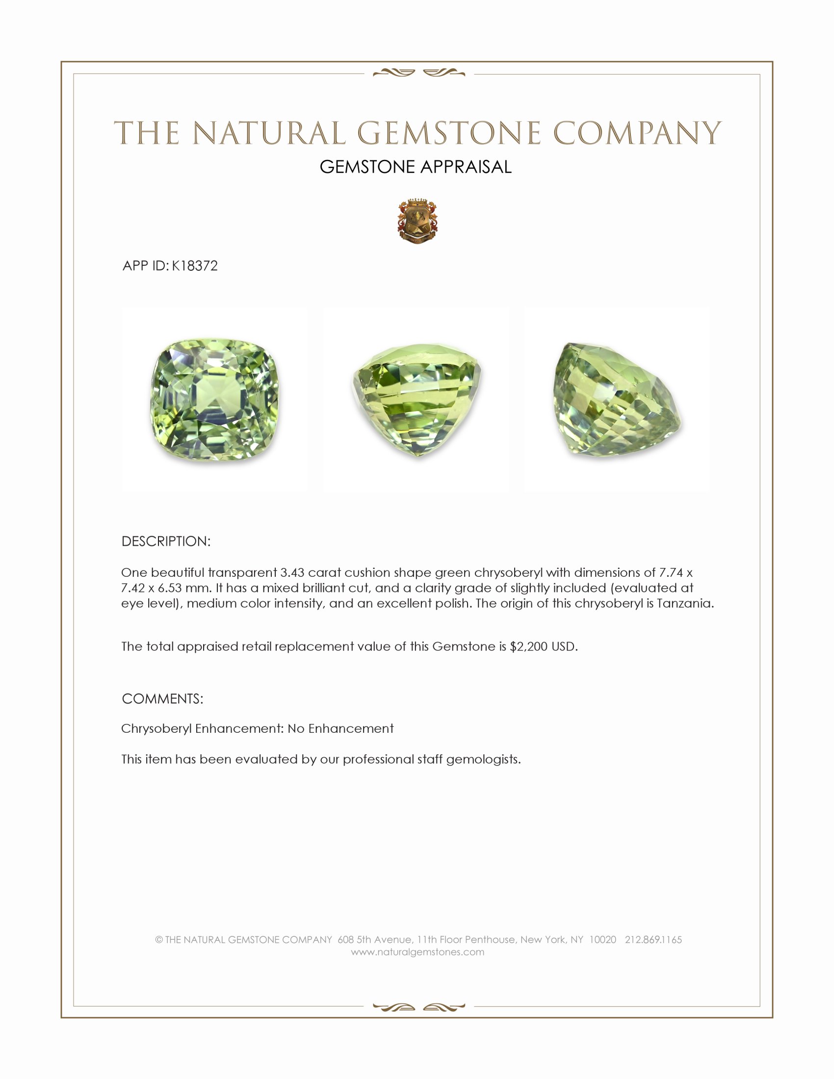 3.43 Ct. Chrysoberyl from Tanzania