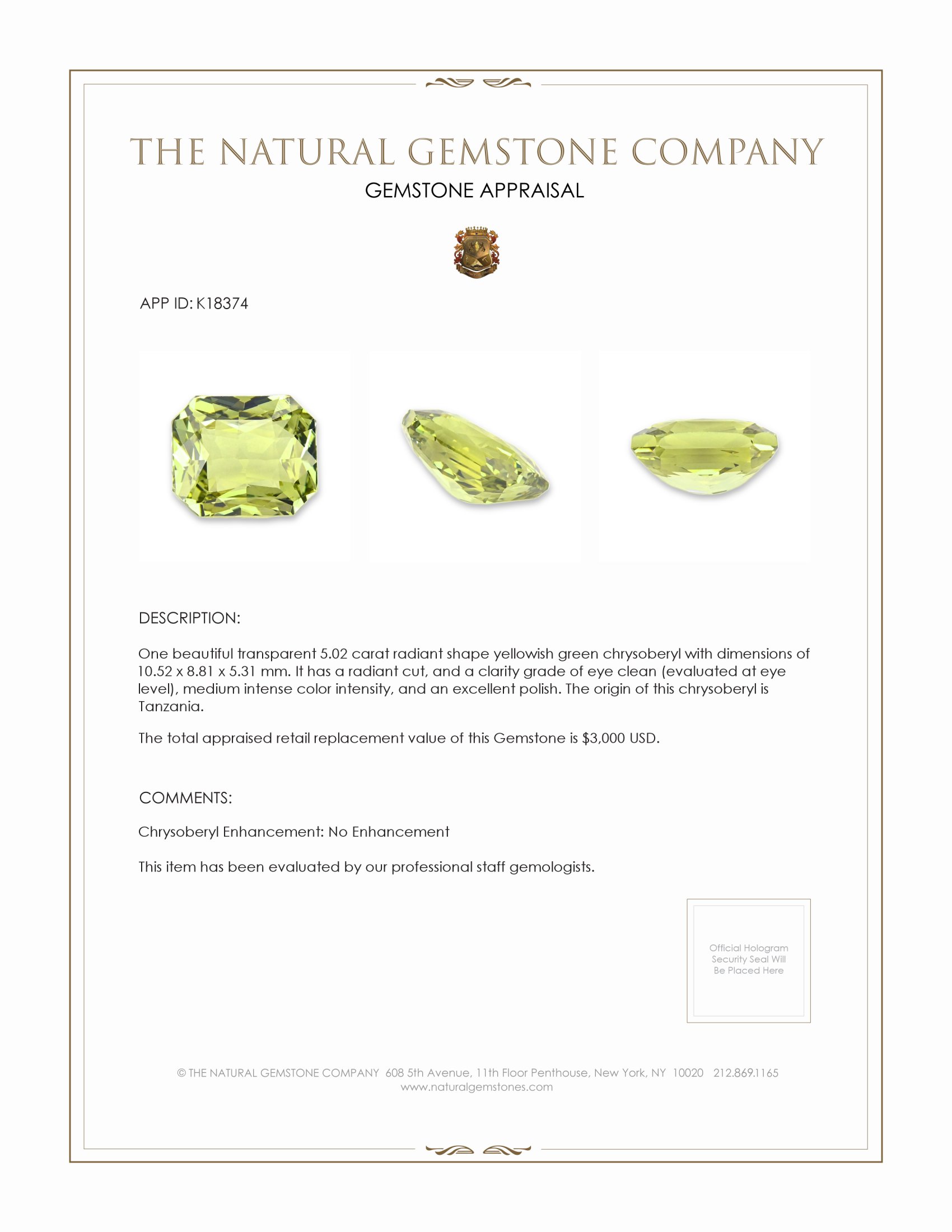 5.02 Ct. Yellowish Green Chrysoberyl from Tanzania