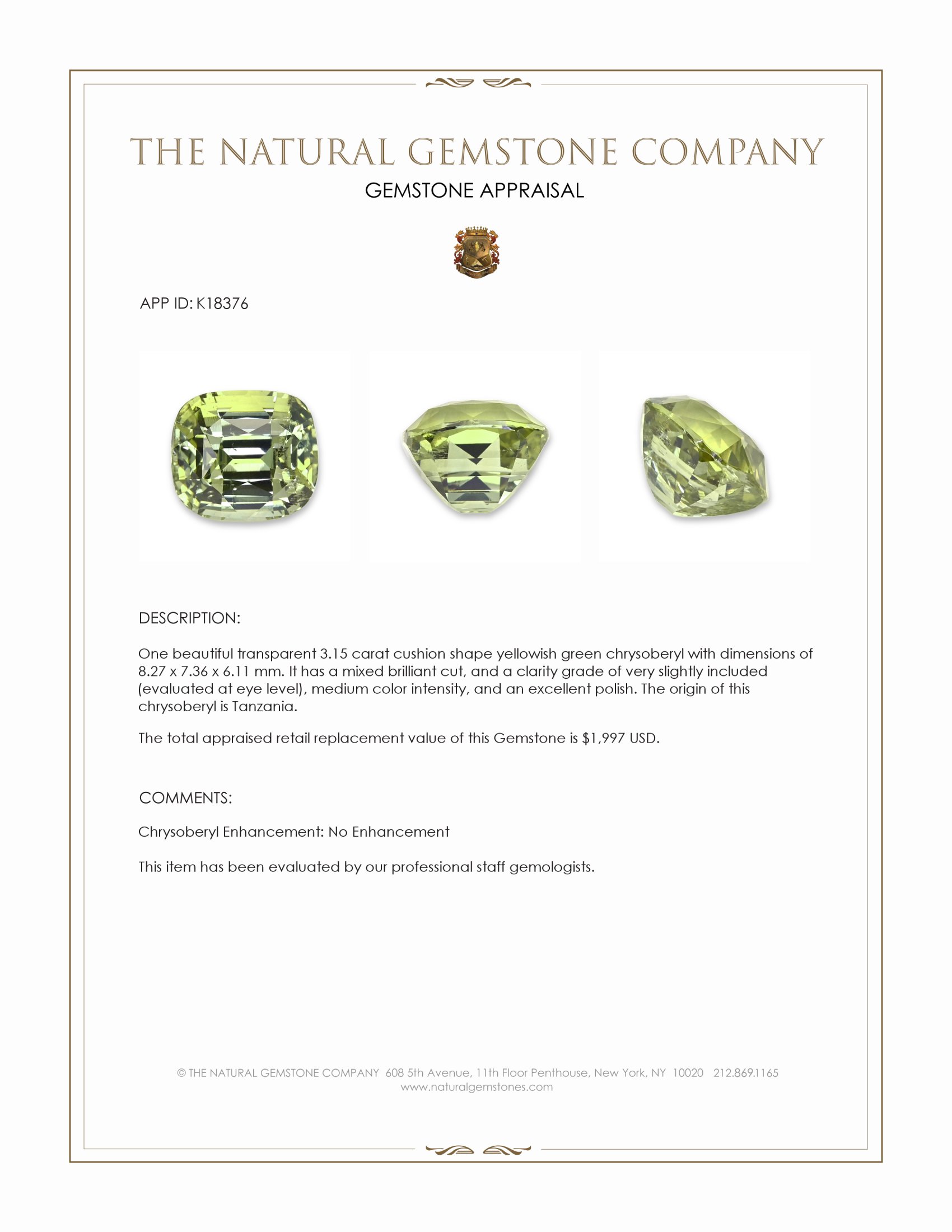 3.15 Ct. Yellowish Green Chrysoberyl from Tanzania