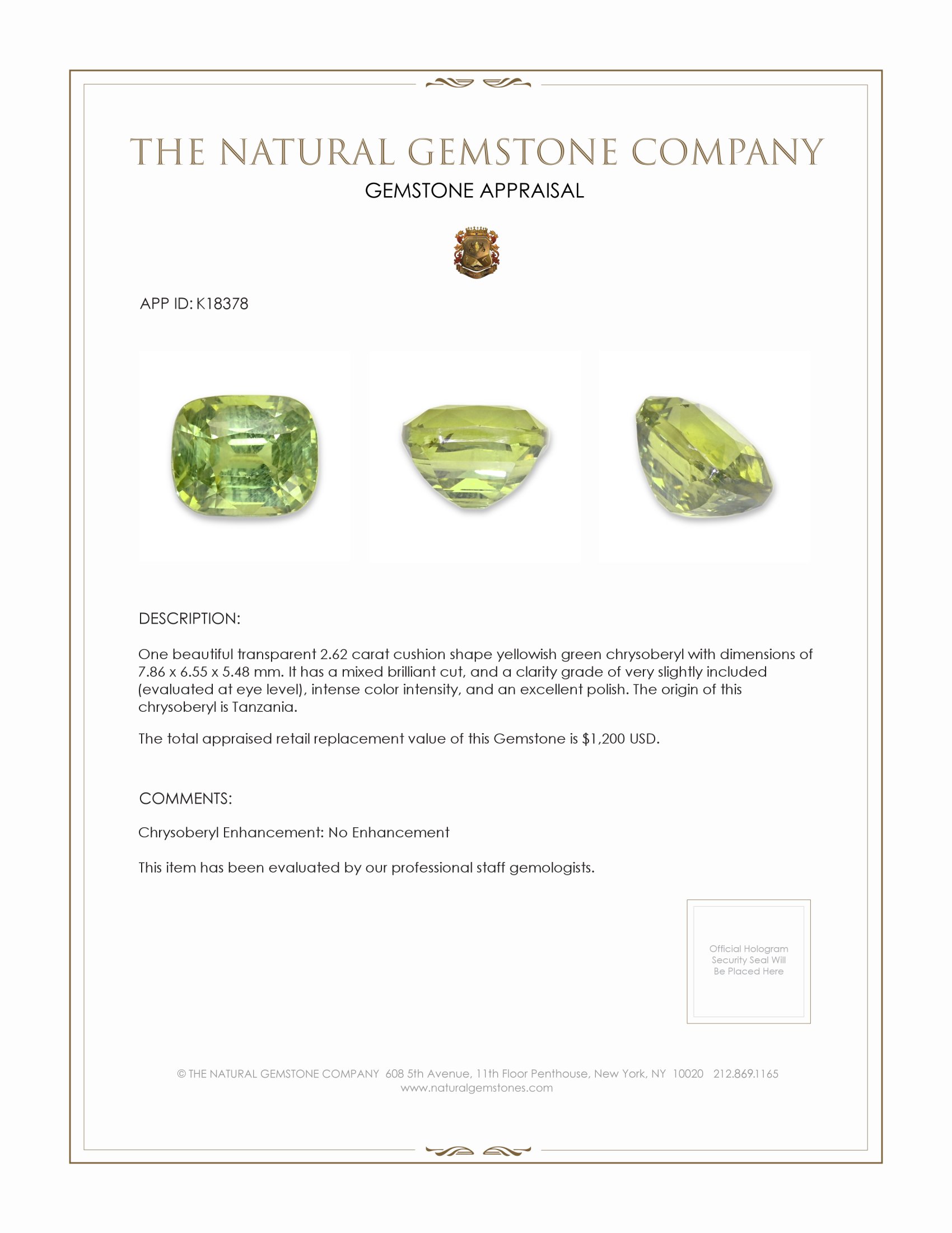 2.62 Ct. Yellowish Green Chrysoberyl from Tanzania