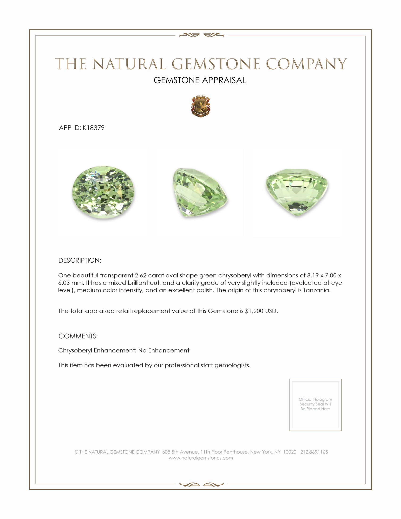2.62 Ct. Green Chrysoberyl from Tanzania