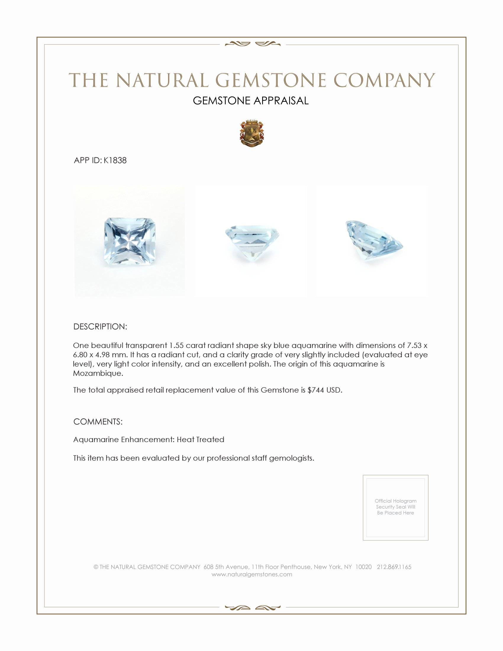 1.55 Ct. Aquamarine from Mozambique