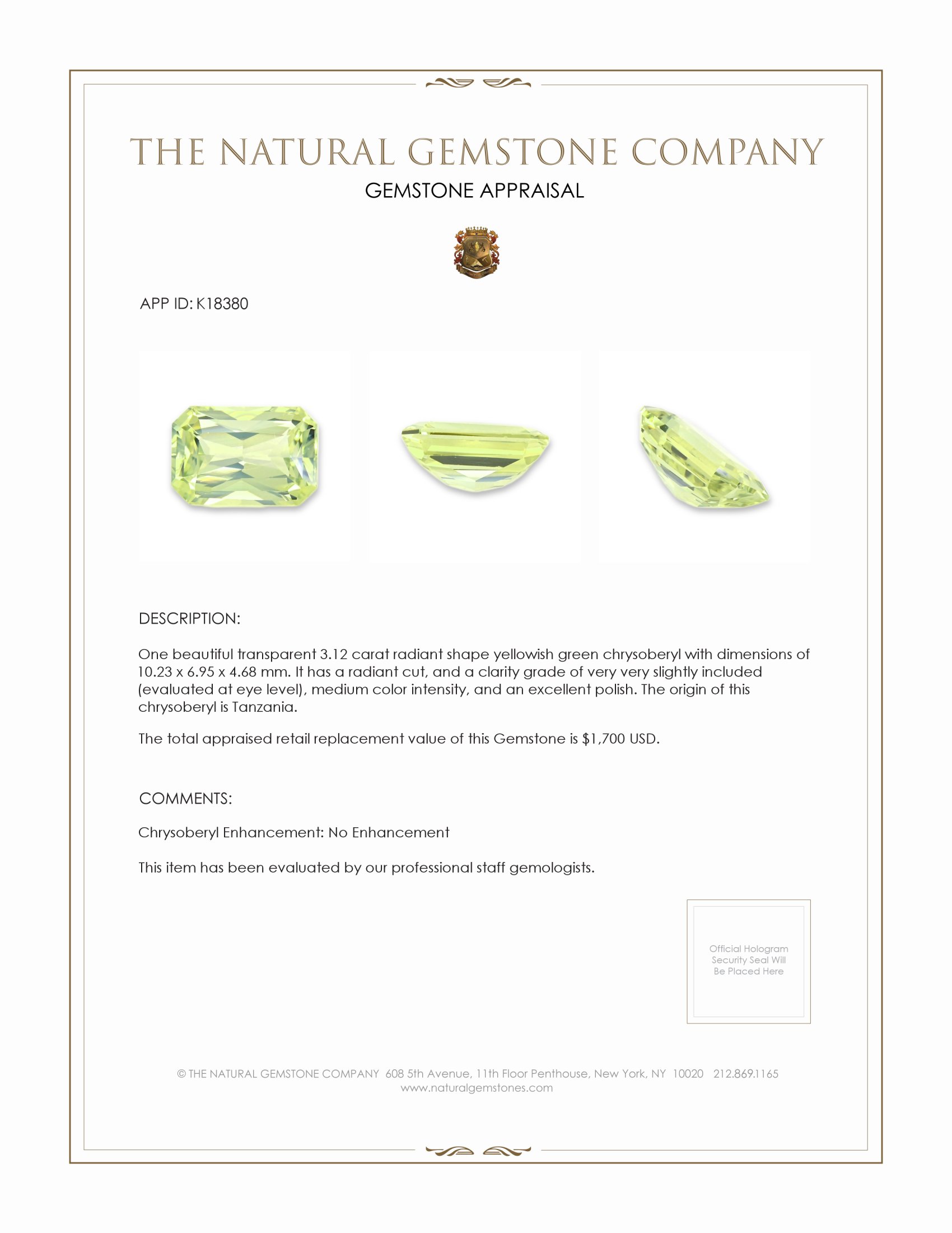 3.12 Ct. Yellowish Green Chrysoberyl from Tanzania