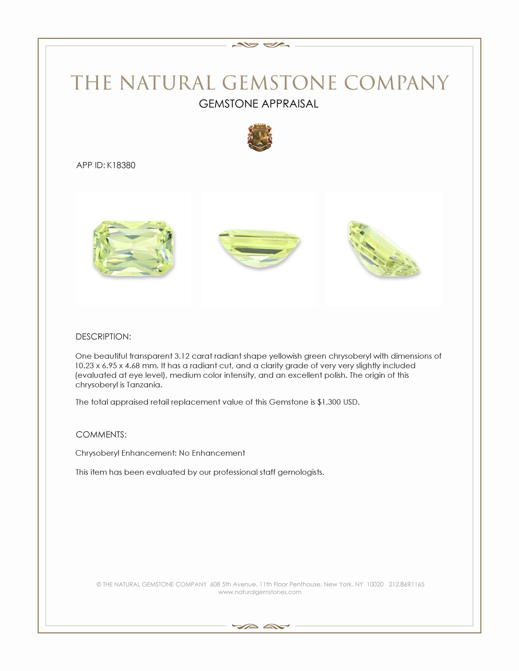 3.12 Ct. Yellowish Green Chrysoberyl from Tanzania