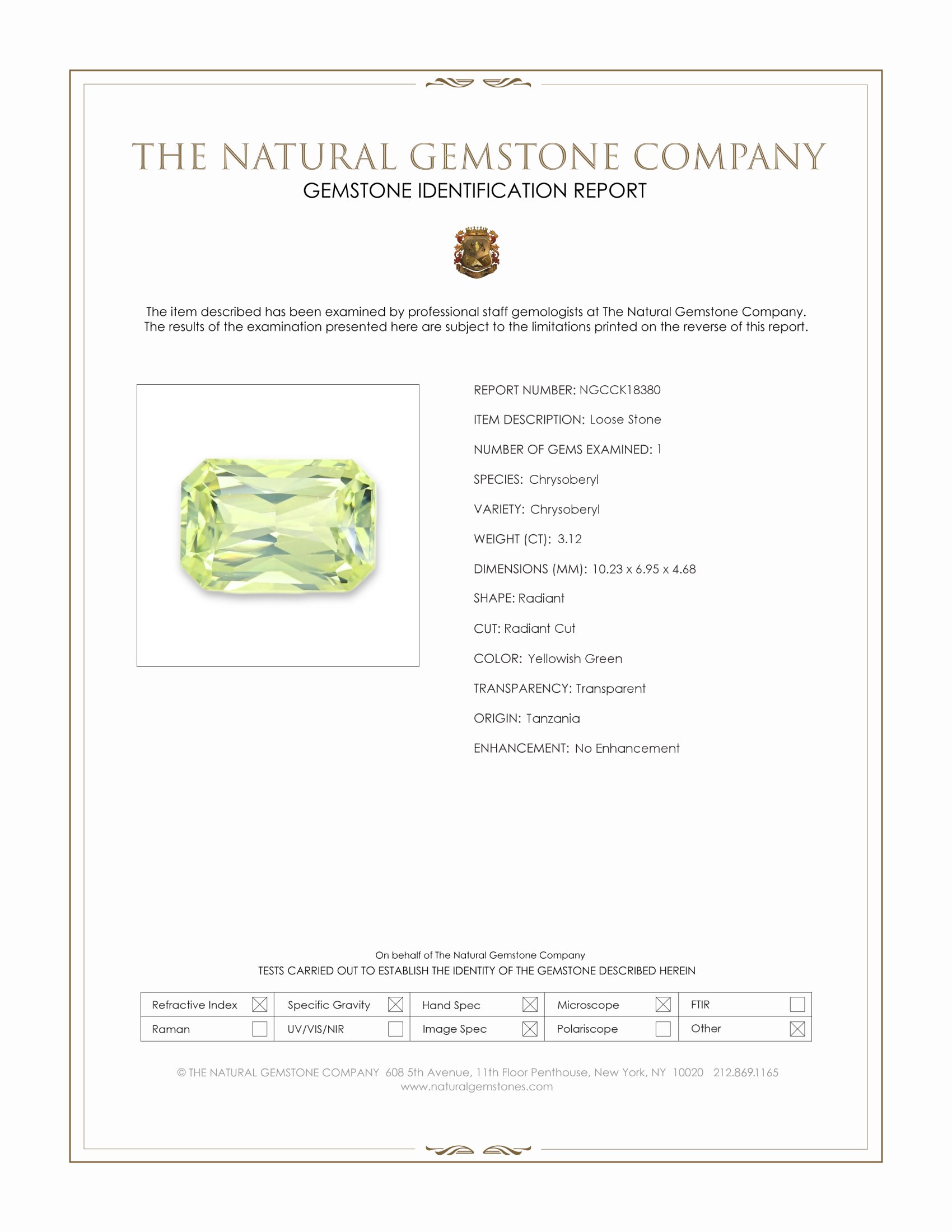 3.12 Ct. Yellowish Green Chrysoberyl from Tanzania