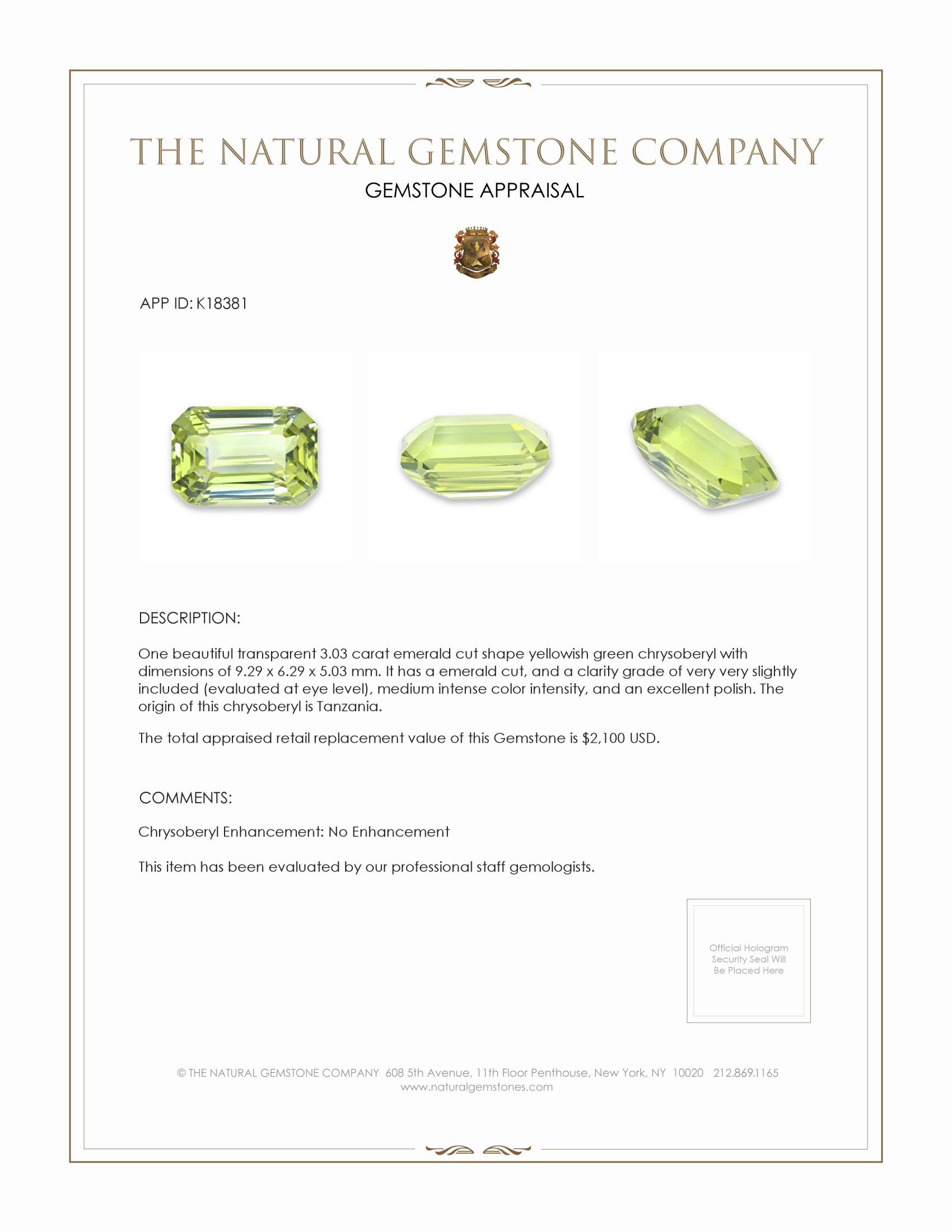 3.03 Ct. Yellowish Green Chrysoberyl from Tanzania
